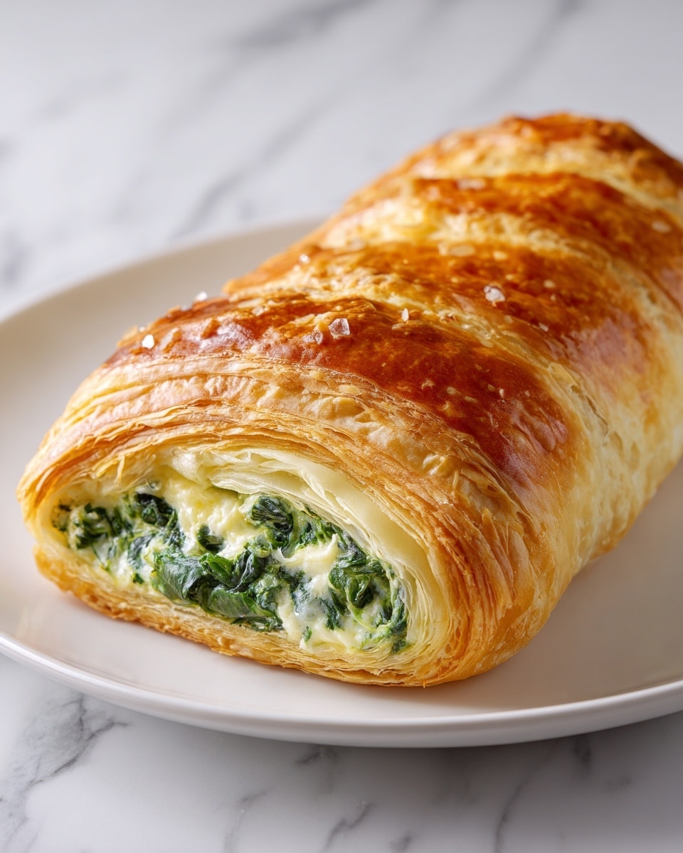 The image shows a close-up of a golden brown pastry roll resting on a white plate. The roll has a slightly shiny, flaky outer layer with light browning on the top and sides. At the open end, there is a visible creamy filling mixed with bright green spinach, giving a fresh, textured look. The pastry layers are clearly defined and softly puffed, suggesting a light and tender crust. The background surface is a white marbled texture with soft lighting highlighting the natural colors of the roll. photo taken with an iphone --ar 4:5 --v 7