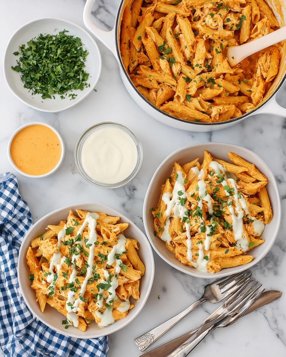 The image shows a white pot filled with creamy orange pasta mixed with shredded chicken and sprinkled lightly with green herbs. Two white bowls in front contain the same pasta, each topped with white sauce drizzled in strips and small chopped green herbs. The pasta is penne shape, coated in the creamy orange sauce, with a slightly rough texture from the chicken pieces. The dishes are placed on a white marbled surface with chopped green parsley nearby, a blue and white checkered cloth, a small dish of orange sauce, and a glass of white sauce. Two silver forks rest beside one bowl. Photo taken with an iphone --ar 4:5 --v 7