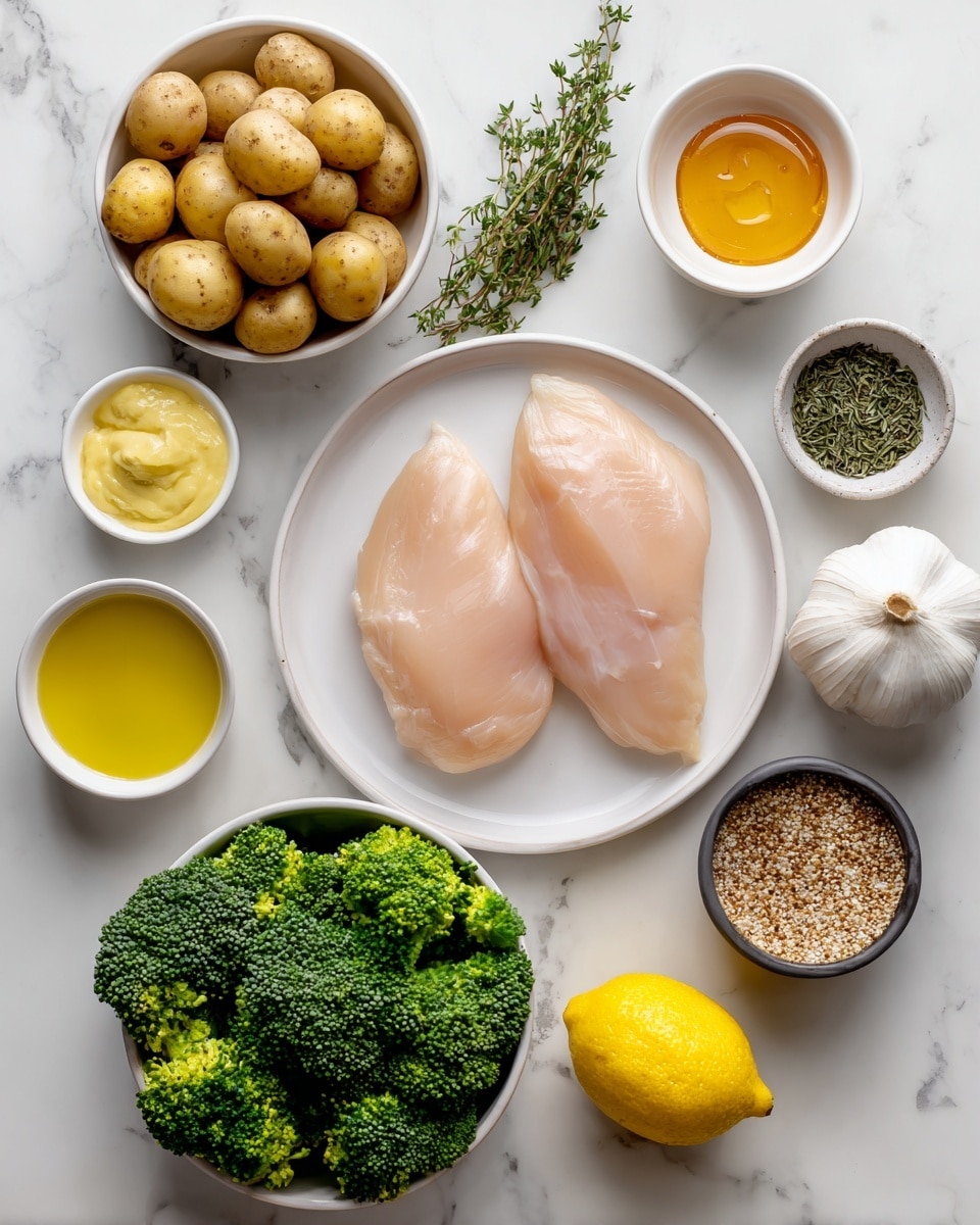 The image shows raw cooking ingredients arranged neatly on a white marbled surface. In the middle, there is a white plate holding two pale pink chicken breasts with a smooth texture. Surrounding this plate are small white bowls and a lemon. On the top left is a white bowl with light brown baby potatoes. To the top center is a white bowl containing a light amber honey with a thick texture. Next to it on the right is a white bowl with smooth pale yellow Dijon mustard. Below that is a small white bowl holding dried green thyme leaves. To the right, a small dark bowl contains coarse textured whole grain mustard that is brown with visible mustard seeds. On the bottom left is a white bowl filled with golden-yellow oil. Just below the plate with chicken, there is a white bowl full of fresh green broccoli florets with a bumpy texture. To the lower left rests a whole bulb of white garlic. Finally, at the bottom right, a bright yellow lemon is placed. The ingredients are spaced evenly and the visual has a clean and fresh look, photo taken with an iphone --ar 4:5 --v 7