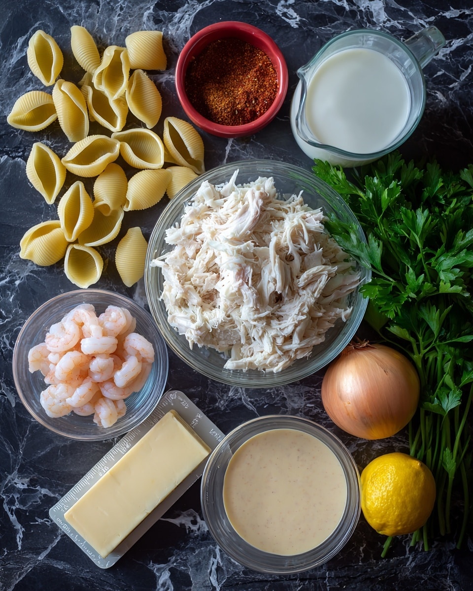 The image shows a top view of cooking ingredients arranged on a dark surface with a white marbled texture. In the center, there is a clear bowl filled with shredded white meat. Around it, there are three smaller clear bowls: one with small light pink chopped pieces, another with small pale pink shrimp, and a third with smooth light beige thick sauce. To the left of the central bowl, there are several uncooked pasta shells in a creamy color spread out. A stick of butter with measurement markings is placed near the pasta. On the upper left corner, there is an open red container holding reddish-brown spices, and next to it, a clear measuring cup filled with white milk. On the right side, a whole light brown onion and a fresh green bunch of parsley leaves are visible. Near the parsley, a whole bright yellow lemon and a small glass container of yellow mustard paste complete the arrangement. Photo taken with an iphone --ar 4:5 --v 7