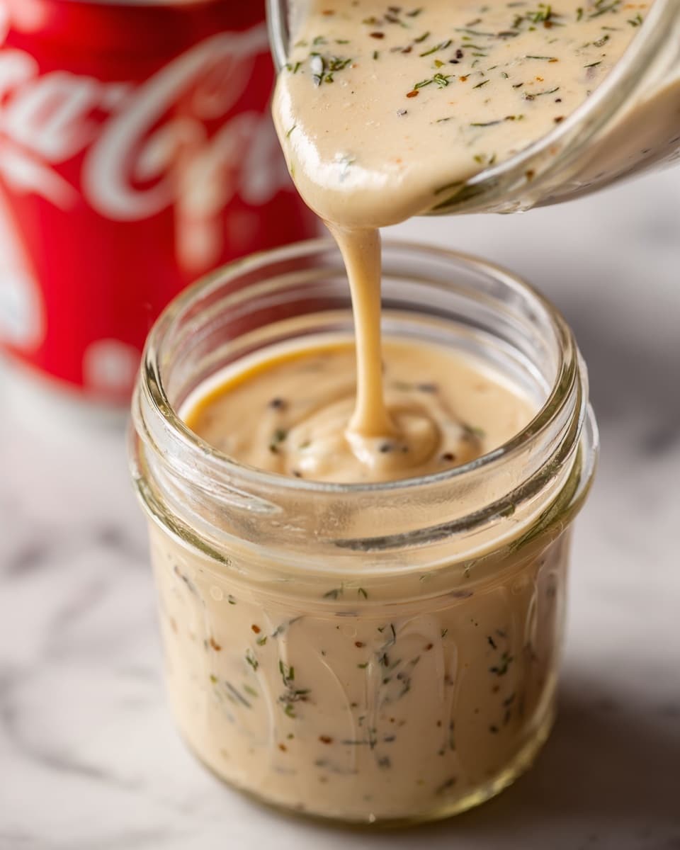 A close-up scene shows creamy sauce with a pale tan color and small green and black specks being poured from a clear glass bowl into a clear glass jar filled with the same sauce. The sauce has a smooth, thick texture. In the background on the right is a blurred red and white can, sitting on a white marbled surface. photo taken with an iphone --ar 4:5 --v 7
