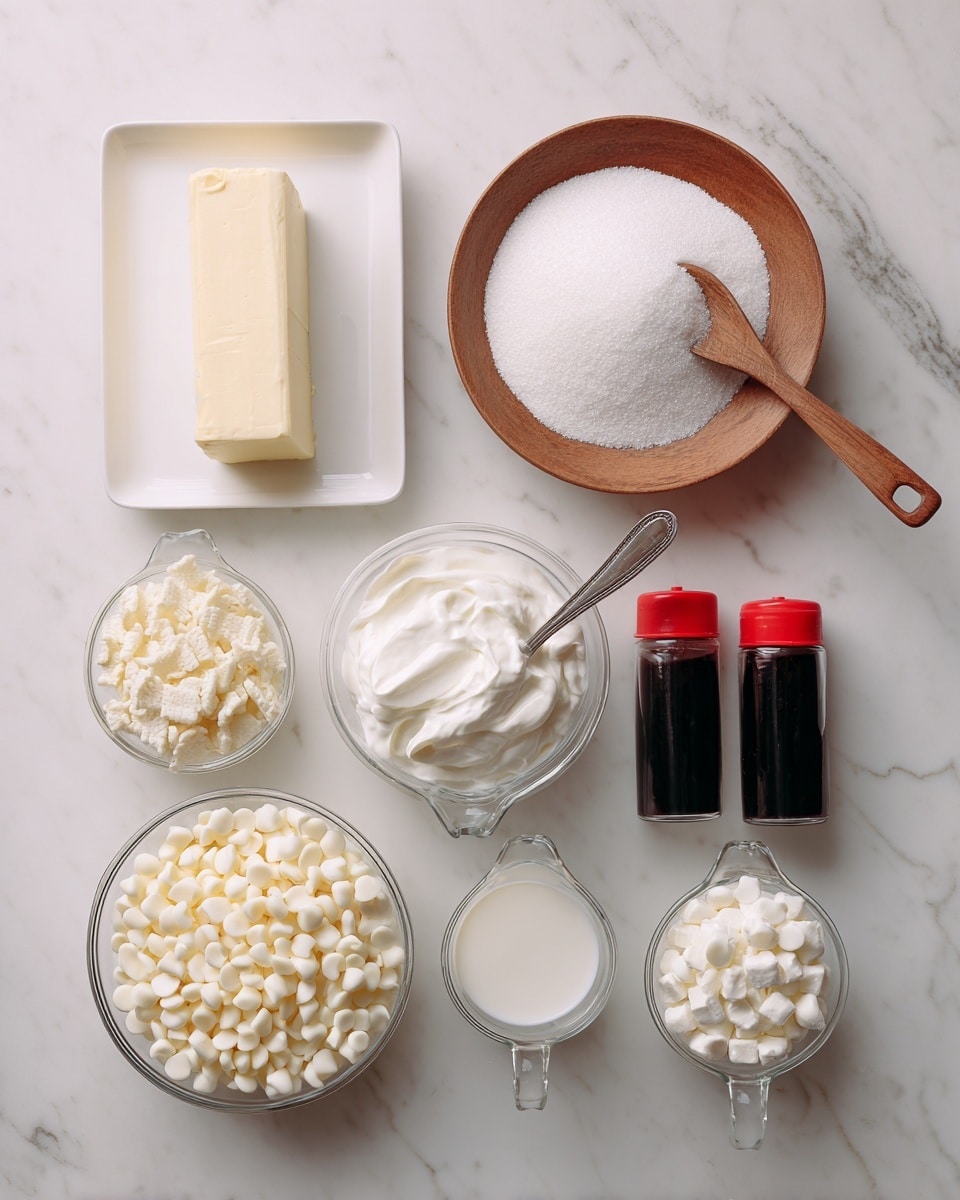 The image shows ingredients placed on a white marbled surface, arranged separately with labels above each. Starting at the top left, there is a small white square plate holding a block of butter. Next to it on the right is a round wooden bowl filled with white sugar, with a wooden spoon resting on top. Below the butter is a small clear glass bowl with crushed Nilla wafers, and beside it to the right is a small white bowl filled with white marshmallow fluff with a silver spoon inside. Further right, two small black bottles with red caps stand side by side, labeled as banana flavoring and vanilla. Below these, a small clear glass measuring cup holds white cream, and next to it on the right is another small clear glass measuring cup filled with half & half. At the bottom left, a clear glass bowl is filled with many white baking chips. The arrangement is clean, orderly, and each ingredient is clearly visible with its label in bold black text. Photo taken with an iphone --ar 4:5 --v 7