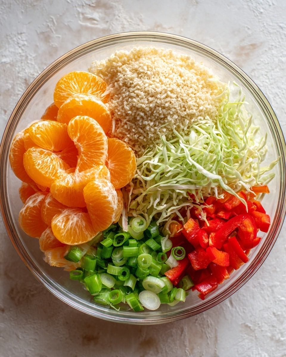A clear round bowl holds a colorful salad with five visible layers. On the left side, there is a half layer of bright orange peeled mandarin slices, neatly lined up. To the right of the mandarins, there is a light beige, fluffy grain layer stacked loosely, filling about one-third of the bowl. On the top middle right, there is a small pile of finely shredded pale green cabbage. Below the cabbage, there is a layer of bright red chopped bell peppers. Running along the bottom right edge, there is a fresh layer of sliced green onions with white bases and green tops. The whole bowl sits on a white marbled surface under soft natural light. photo taken with an iphone --ar 4:5 --v 7