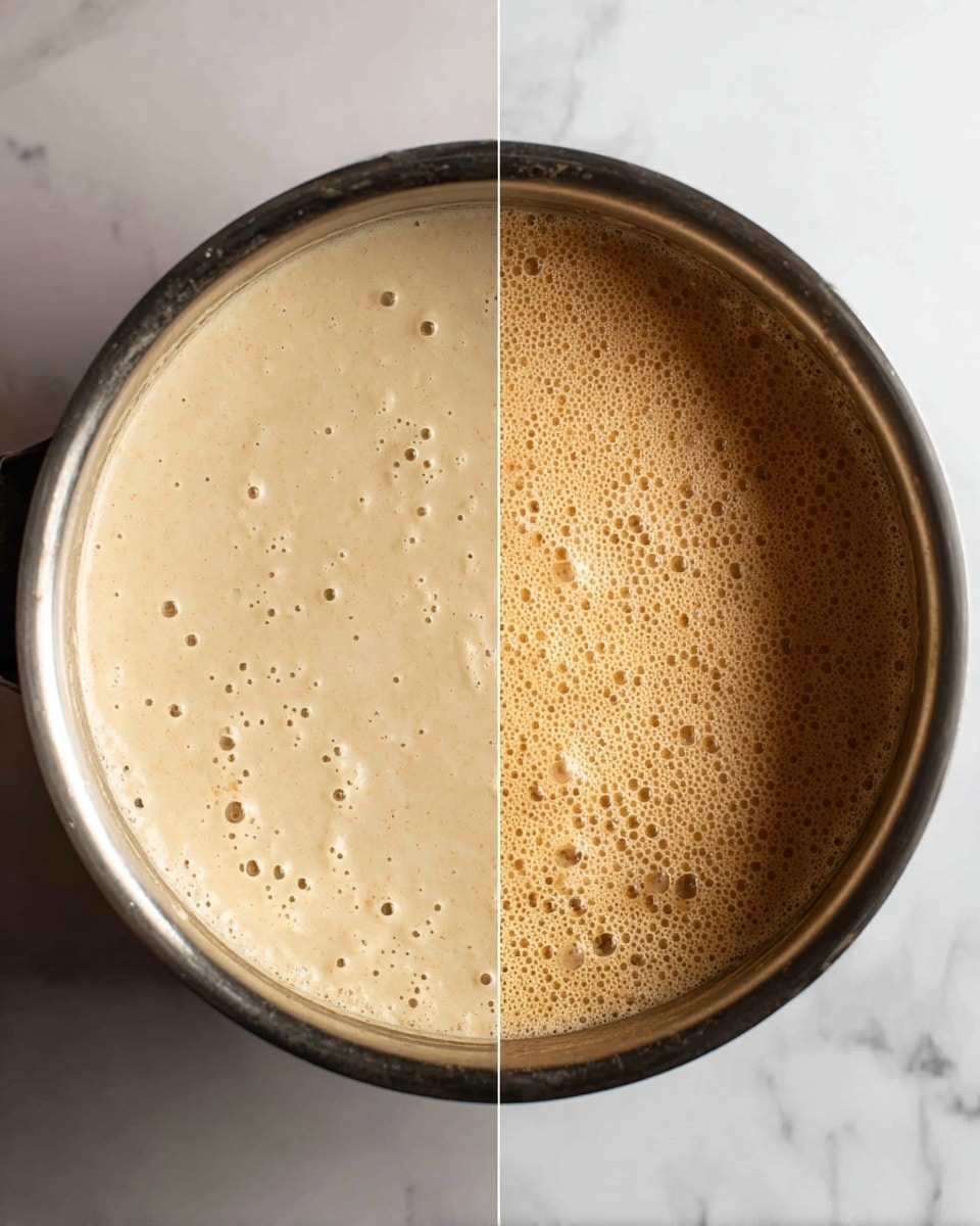 The image shows two close-up views of a metal pot filled with a thick, beige mixture. The left side shows the smooth mixture with small bubbles forming on the surface, while the right side shows the mixture with more bubbles and a frothy texture on top, indicating it is rising or fermenting. The pot sits on a white marbled surface. photo taken with an iphone --ar 4:5 --v 7