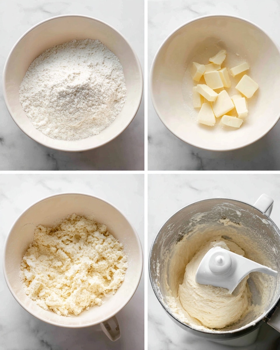 Four images show the step-by-step mixing of dough in a white mixing bowl on a white marbled surface. The first image shows white flour with some white powder sprinkled on top, filling about one-third of the bowl. The second image adds small pieces of pale yellow butter scattered on the white flour inside the bowl. The third image shows the flour and butter mixed together into a crumbly, rough texture that is still mostly white. The fourth image reveals a mechanical mixer bowl with dough inside, the dough is pale cream colored and smooth, sticking slightly to a white dough hook mixer blade. photo taken with an iphone --ar 4:5 --v 7
