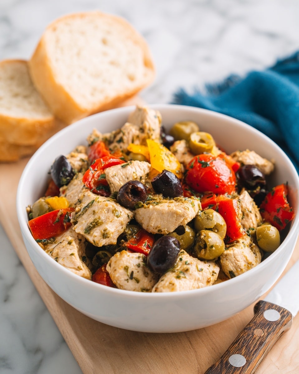 The image shows a white bowl filled with a colorful stew. Inside, there are chunks of orange chicken pieces, red cherry tomatoes, green olives, black olives, and pieces of green vegetables, all covered in a red sauce. The bowl sits on a wooden board, next to two slices of white bread, with a silver fork on the left side. The background surface is a white marbled texture. photo taken with an iphone --ar 4:5 --v 7