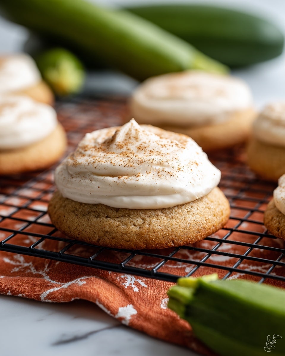The image shows a close-up of a round cookie on a black cooling rack with a thick layer of creamy white frosting spread on top. The frosting is smooth and slightly swirled, with a light dusting of brown powder, likely cinnamon, scattered unevenly over the top. The cookie itself is light brown with a soft, slightly textured surface. In the background, there are a few more cookies with similar frosting on the rack and out of focus green zucchinis placed horizontally. Below the rack, there is a soft orange cloth with white patterns, all set on a white marbled surface. photo taken with an iphone --ar 4:5 --v 7
