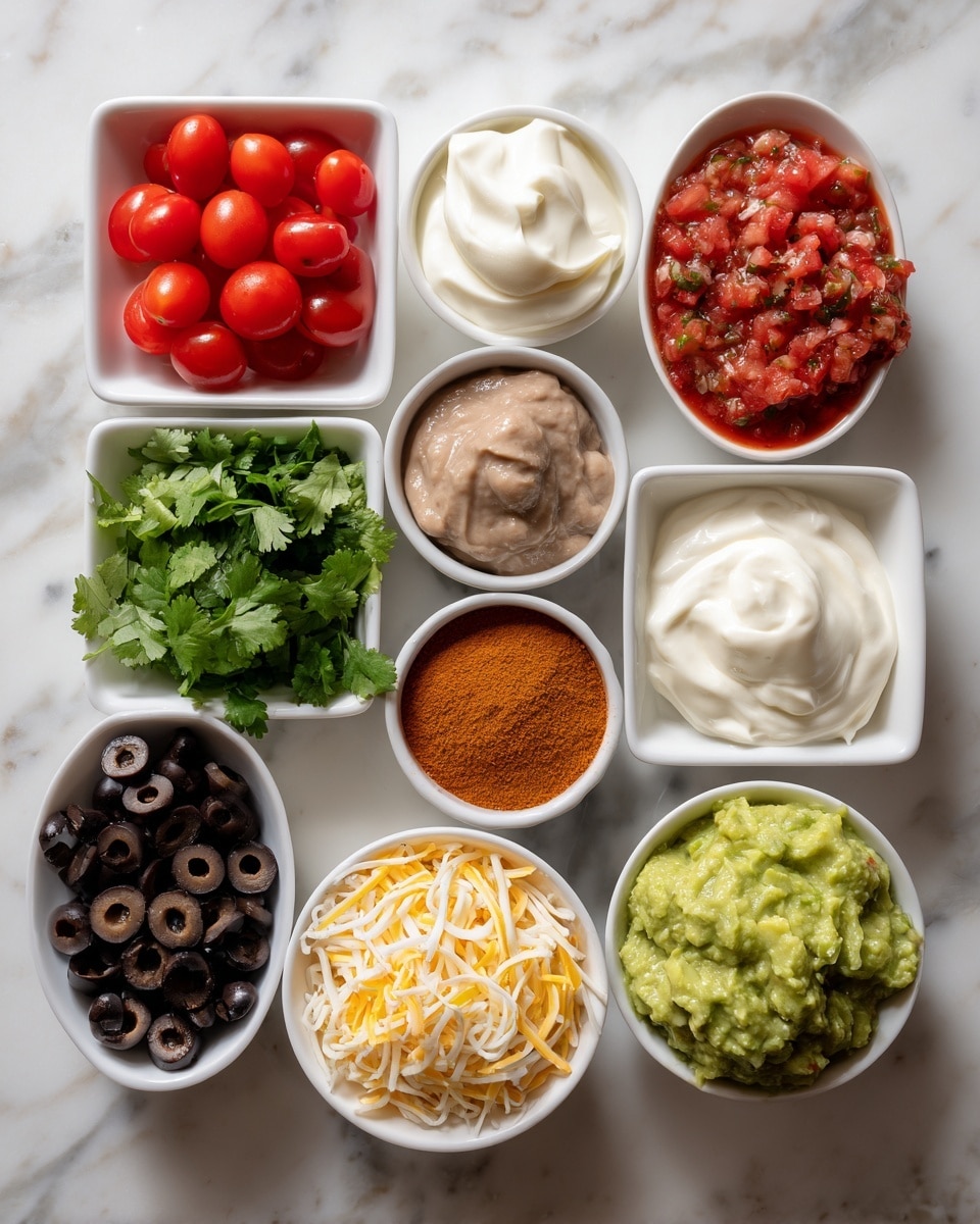 The image shows nine small white bowls arranged on a white marbled surface, each filled with different colorful ingredients. Starting from the top left, there is a square bowl with bright red cherry tomatoes cut in halves, next to it on the right is a round bowl filled with thick, smooth white heavy cream. Below the tomatoes, there is a small round bowl with pale sour cream, and in the center, a round bowl holds chunky light brown refried beans. To the right of the beans, a bowl is filled with fresh dark green cilantro leaves. Under the sour cream on the left, another round bowl contains sliced black olives. Beneath the olives, a square bowl overflows with a yellow and white mix of shredded Fiesta blend cheese. To the right of the cheese, a round bowl contains fine, orange taco seasoning powder. Finally, next to the seasoning, a round bowl is filled with chunky green guacamole, and above it, a white bowl holds bright red salsa with visible chunks. Photo taken with an iphone --ar 4:5 --v 7