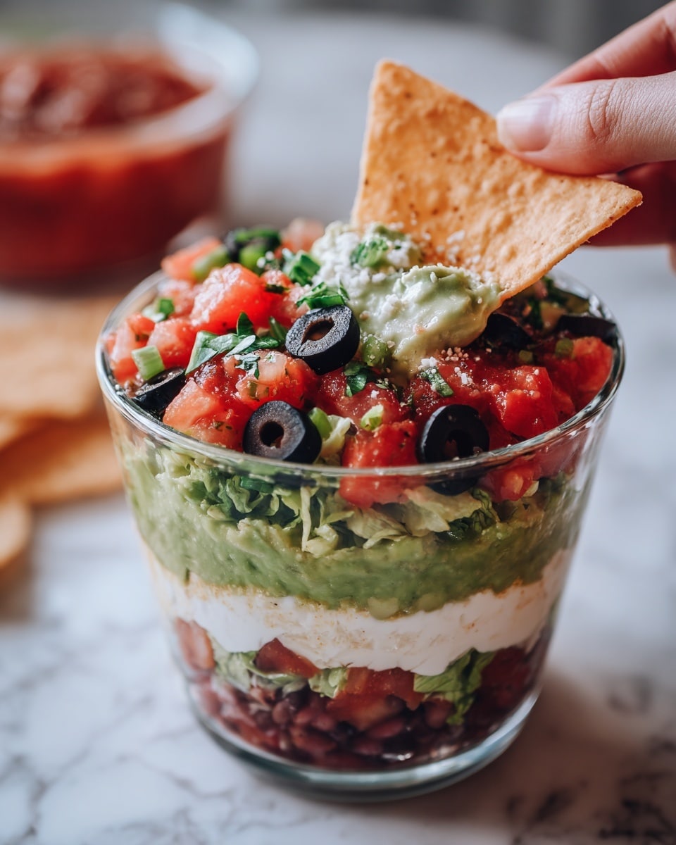 A clear cup filled with seven colorful layers, starting from the bottom with a dark reddish bean layer, followed by a bright green guacamole layer, then a smooth white sour cream layer, a layer of red chunky salsa above it, topped with diced red tomatoes, sliced black olives, and green lettuce pieces. A woman's hand holds a triangular light tan tortilla chip near the camera, showing a scoop of melted creamy white cheese mixed with red salsa on top. The background is a white marbled texture with some out-of-focus red salsa in a glass container. photo taken with an iphone --ar 4:5 --v 7