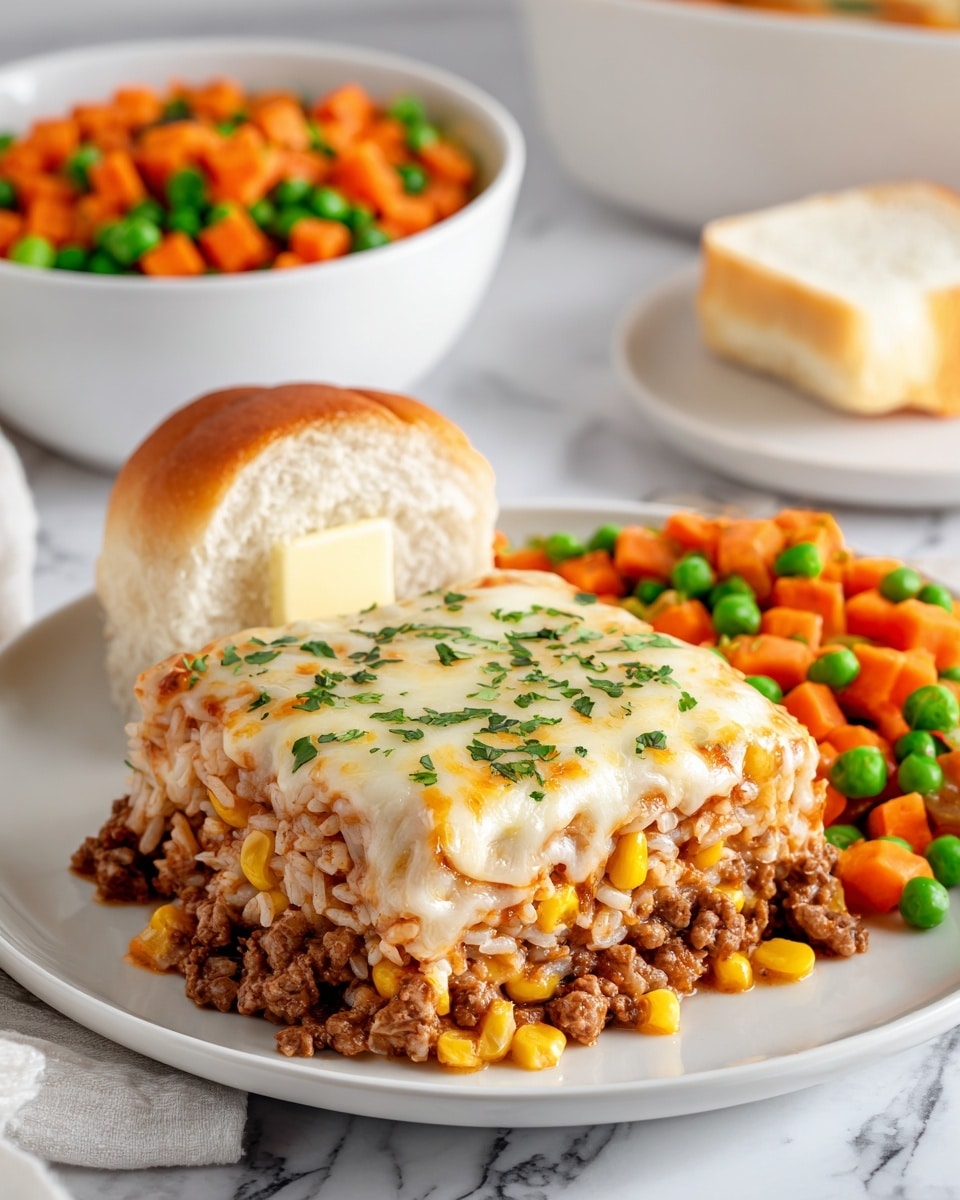 A white plate holds a three-layer dish with a base of soft, mixed rice and corn, topped with a layer of cooked ground meat, and finished with a golden melted cheese layer sprinkled with green herbs. On the side of the plate is a colorful mix of bright orange diced carrots and fresh green peas. There is also a white bread roll sliced open with a square of butter resting on one half. Behind the plate, a white bowl filled with more of the carrot and pea mix is visible on a white marbled surface photo taken with an iphone --ar 4:5 --v 7