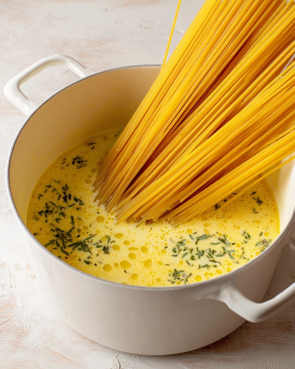 A large white pot filled halfway with a creamy yellow liquid that has small drops of oil and bits of green herbs floating on top. A bundle of long, uncooked bright yellow spaghetti sticks is partially placed inside the pot, angled from the upper right side toward the liquid. The pot rests on a white marbled surface with a light wood wall in the background. Photo taken with an iphone --ar 4:5 --v 7