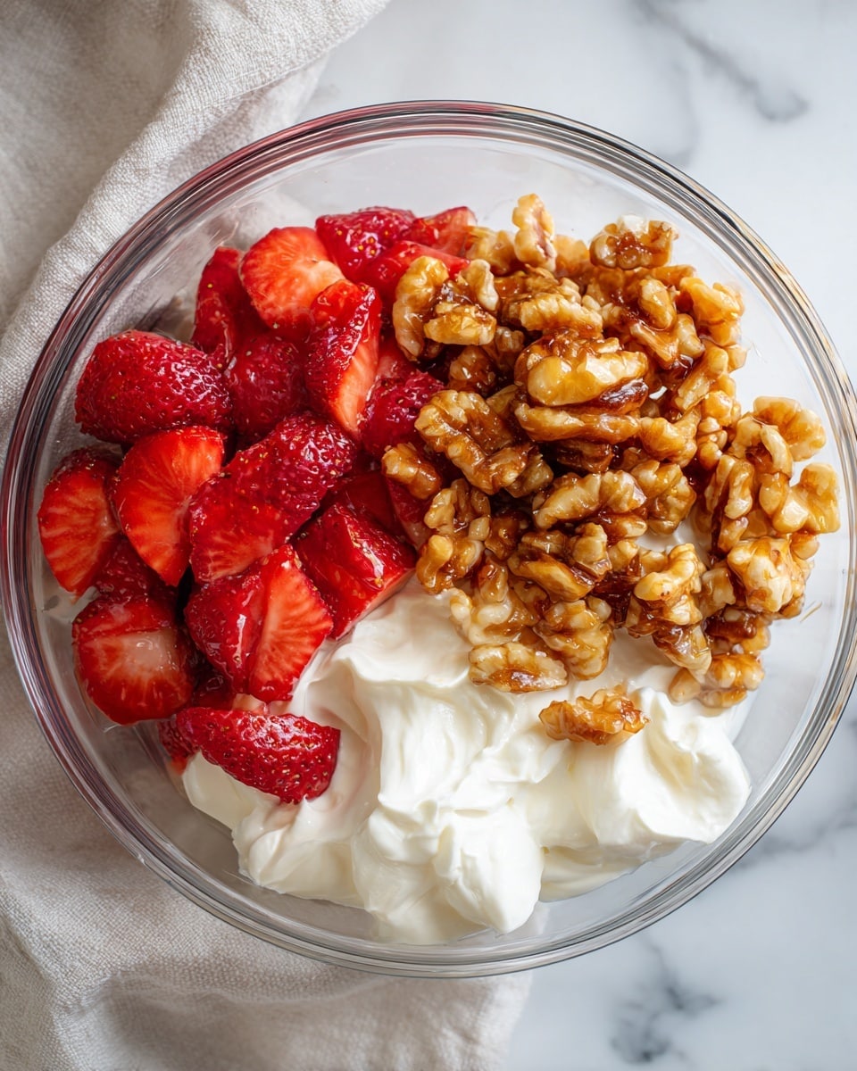 The image shows a clear glass bowl containing three distinct layers. The bottom layer is white and creamy with a soft, fluffy texture, spread evenly across the base of the bowl. On top of the cream, there are two separate piles: one side has bright red, sliced strawberries with a juicy and fresh look, and the other side has a heap of crunchy, golden-brown candied pecans that shine with a caramelized texture. The bowl is placed on a white marbled surface with a fabric underneath it. Photo taken with an iphone --ar 4:5 --v 7