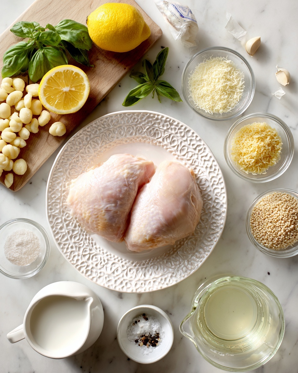 A white patterned plate sits on a white marbled surface holding two raw light pink chicken pieces. To the left, a wooden cutting board holds a whole lemon and one half lemon revealing its yellow juicy interior with a small bunch of fresh green basil leaves placed nearby. Around these main items are small glass bowls containing grated pale yellow Parmesan cheese, finely minced beige garlic, light yellow chicken bouillon granules, and light tan onion powder. A small white bowl with salt and black pepper sits next to them. At the bottom, a white jug filled with white milk, a clear measuring cup with water, and a small white dish with yellow chicken broth round out the scene. A blue and white bag of light yellow gnocchi rests on the left side. All items are arranged neatly on a white marbled surface photo taken with an iphone --ar 4:5 --v 7