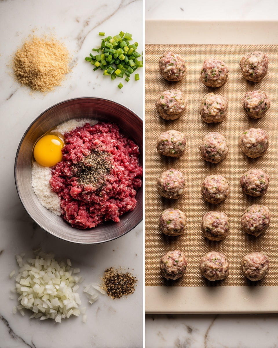 Sticky Honey Garlic Meatballs – The Easy Dinner Everyone Loves Recipe 4 The image shows two side-by-side views: on the left, a silver bowl placed on a white marbled surface holding raw ingredients before mixing, including a mound of red ground meat at the bottom center sprinkled with black pepper, a raw yellow egg yolk on the left, finely chopped white onions and green scallions on the upper right, light brown breadcrumbs on the right side, and a mix of spices scattered around; on the right, 16 evenly spaced, round, raw meatballs with visible bits of onion and herbs are arranged in neat rows on a beige silicone baking mat with a white border. photo taken with an iphone --ar 4:5 --v 7