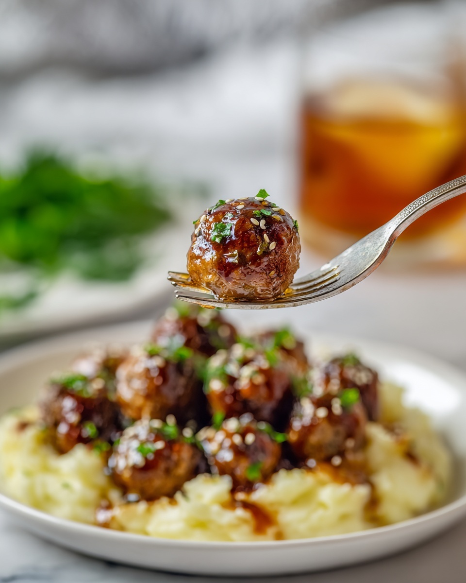 Sticky Honey Garlic Meatballs – The Easy Dinner Everyone Loves Recipe 5 The image shows a close-up of a silver fork holding a small, round, brown meatball covered in a glossy sauce with bits of green herbs. Below the fork is a white plate filled with a pile of many similar meatballs glistening with sauce and sprinkled with sesame seeds and green herbs, sitting on a bed of creamy, light yellow mashed potatoes. The background is softly blurred with green leafy vegetables and a glass of amber-colored drink. The whole setup is on a white marbled surface. photo taken with an iphone --ar 4:5 --v 7