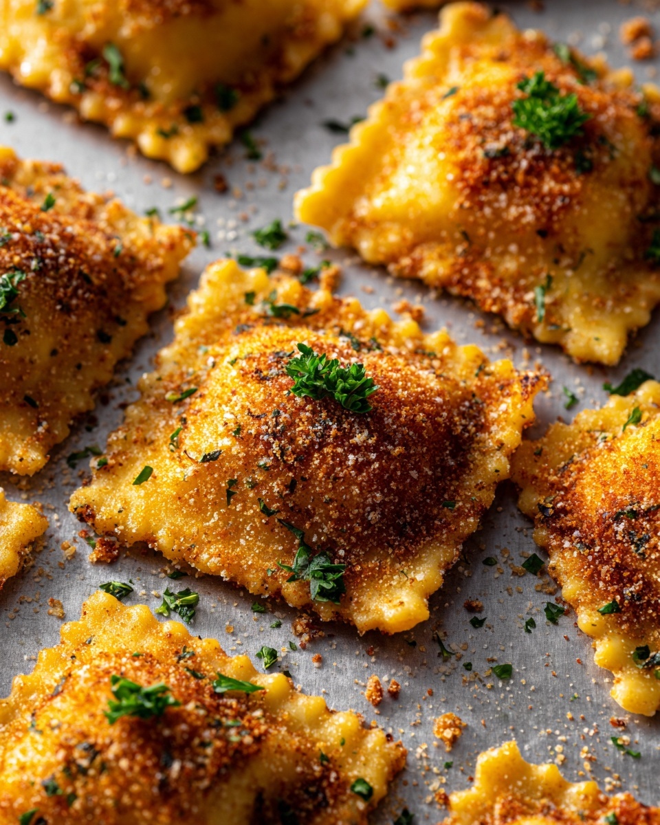 Crispy Baked Parmesan Ravioli Recipe 5 The image shows several golden brown, square-shaped ravioli pieces spread out on a baking sheet with a slightly crispy, textured breadcrumb coating. Each ravioli has ruffled edges and is topped with small green parsley leaves, adding a fresh touch of color. The surface underneath is a light gray with scattered crumbs and bits of baked topping, highlighting the crunchy texture of the ravioli edges. The lighting gives a warm, inviting shine to the crispy coating photo taken with an iphone --ar 4:5 --v 7