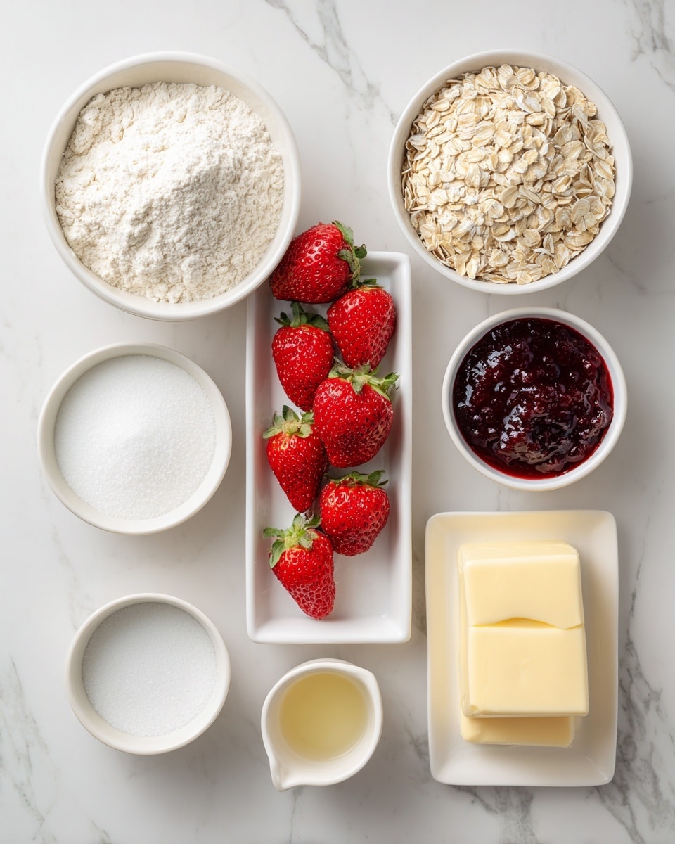 The image shows seven white dishes arranged on a white marbled surface. In the top left is a white bowl filled with white flour. To the right, there is a white bowl with light beige oats. Below the flour, a white bowl holds white granulated sugar. A rectangular white dish in the center contains fresh red strawberries with green tops. Above it, a small white bowl is filled with dark red strawberry jam, showing thick, textured liquid. To the right of the strawberries, a tiny white bowl holds some white salt. Below the salt, a small white cup contains pale yellow vanilla extract. Lastly, a small white plate on the right side carries a chunk of light yellow butter with smooth, shaped edges. Photo taken with an iphone --ar 4:5 --v 7