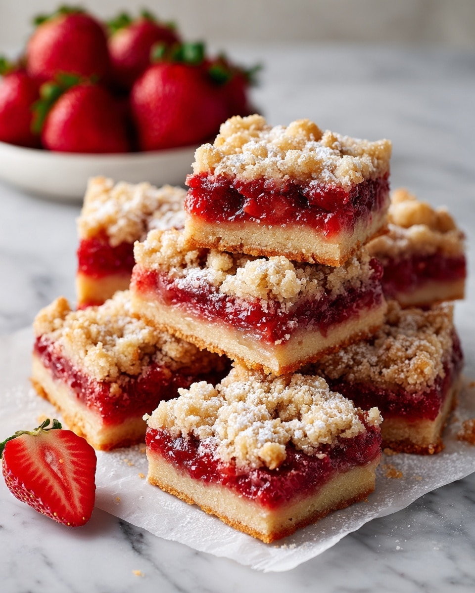 The image shows eight square pieces of strawberry crumb bars laid out on white parchment paper on a white marbled surface. Each piece has three layers: a light brown, firm base; a bright red, slightly chunky strawberry filling in the middle; and a crumbly, golden brown topping with some larger chunks and a dusting of powdered sugar on top. The bars look moist and fresh, with visible bits of strawberry in the filling. In the background, a white plate holds whole bright red strawberries with green tops, and part of a sliced strawberry is visible in the foreground, adding a fresh touch. The photo taken with an iphone --ar 4:5 --v 7