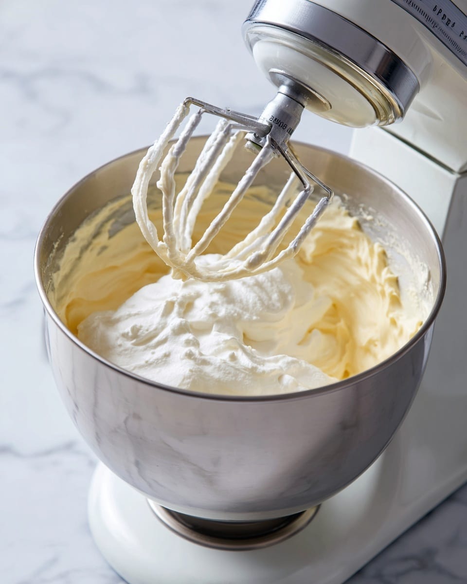 A close-up image shows the inside of a silver mixing bowl attached to a white stand mixer on a white marbled surface. Inside the bowl, two layers of mixture are visible: a thick, creamy pale yellow layer on the bottom and a fluffy white layer on top, which appears soft and airy. The whisk attachment is lifted slightly above the bowl, coated with a mix of both layers. Text overlays with instructions appear at the top and bottom of the image. Photo taken with an iphone --ar 4:5 --v 7