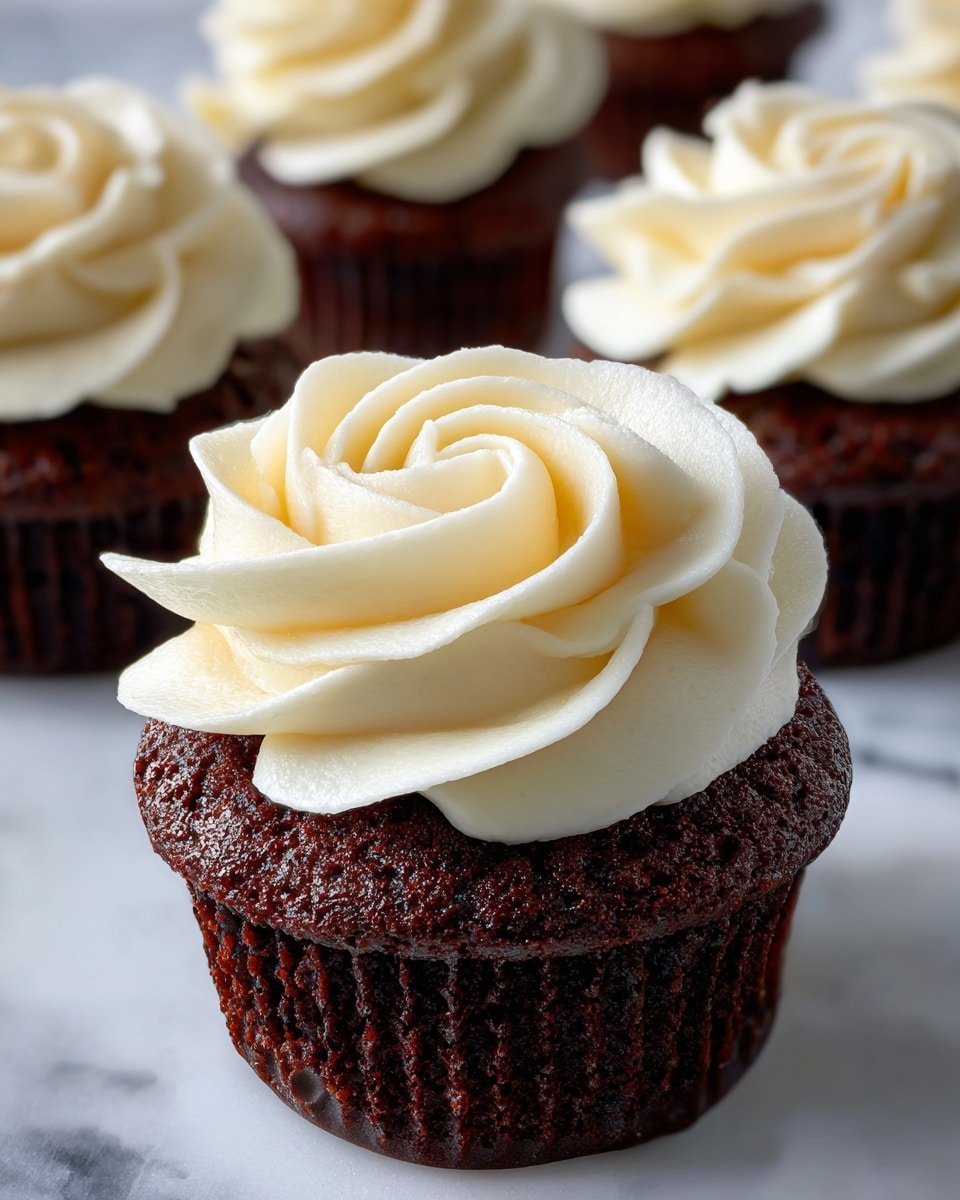 A close-up of a dark brown chocolate cupcake with one thick layer, topped with a large swirl of creamy white frosting shaped like a flower, sitting on a white marbled surface, with parts of other identical cupcakes softly blurred in the background, photo taken with an iphone --ar 4:5 --v 7