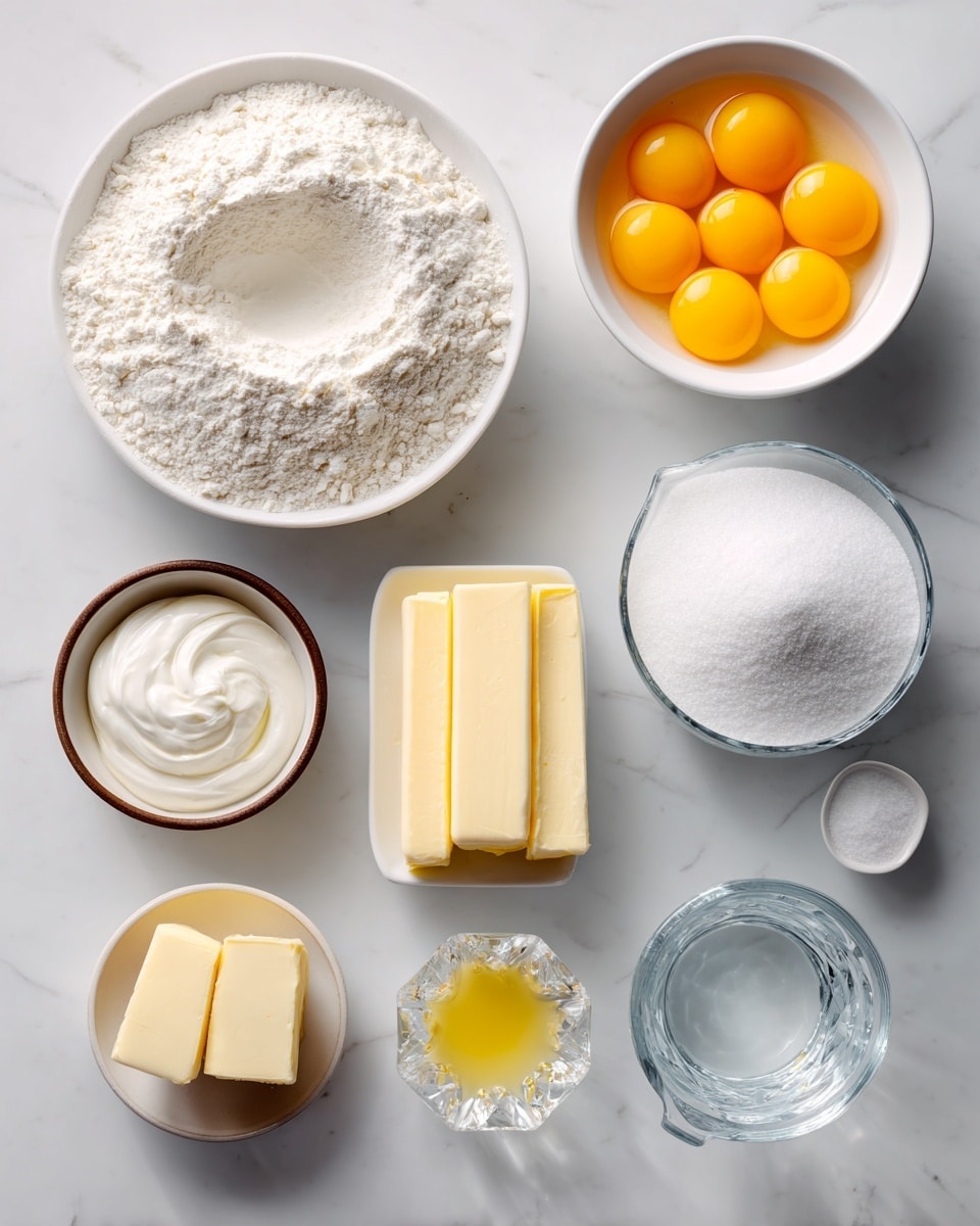 The image shows several ingredients placed neatly on a white marbled surface. In the top left, a large white bowl holds a thick layer of white flour with a small indentation in the center. To the right of it, a smaller white bowl contains seven bright yellow egg yolks resting in clear egg whites. Below the flour bowl, three sticks of pale yellow butter are stacked. Next to the butter, a small white bowl with a brown rim holds a dollop of white sour cream. To the right of the sour cream, a large white container is filled with fine white powder sugar. Below the powder sugar, a clear measuring cup contains a fizzy clear 7 UP liquid. To its right, a small white cup holds a light yellow lemon extract. Below the lemon extract, a small faceted glass dish contains a mound of white salt. To the left of the salt, a small clear glass has a small amount of white milk. The ingredients are spaced evenly, with clear labels written near each item. Photo taken with an iphone --ar 4:5 --v 7