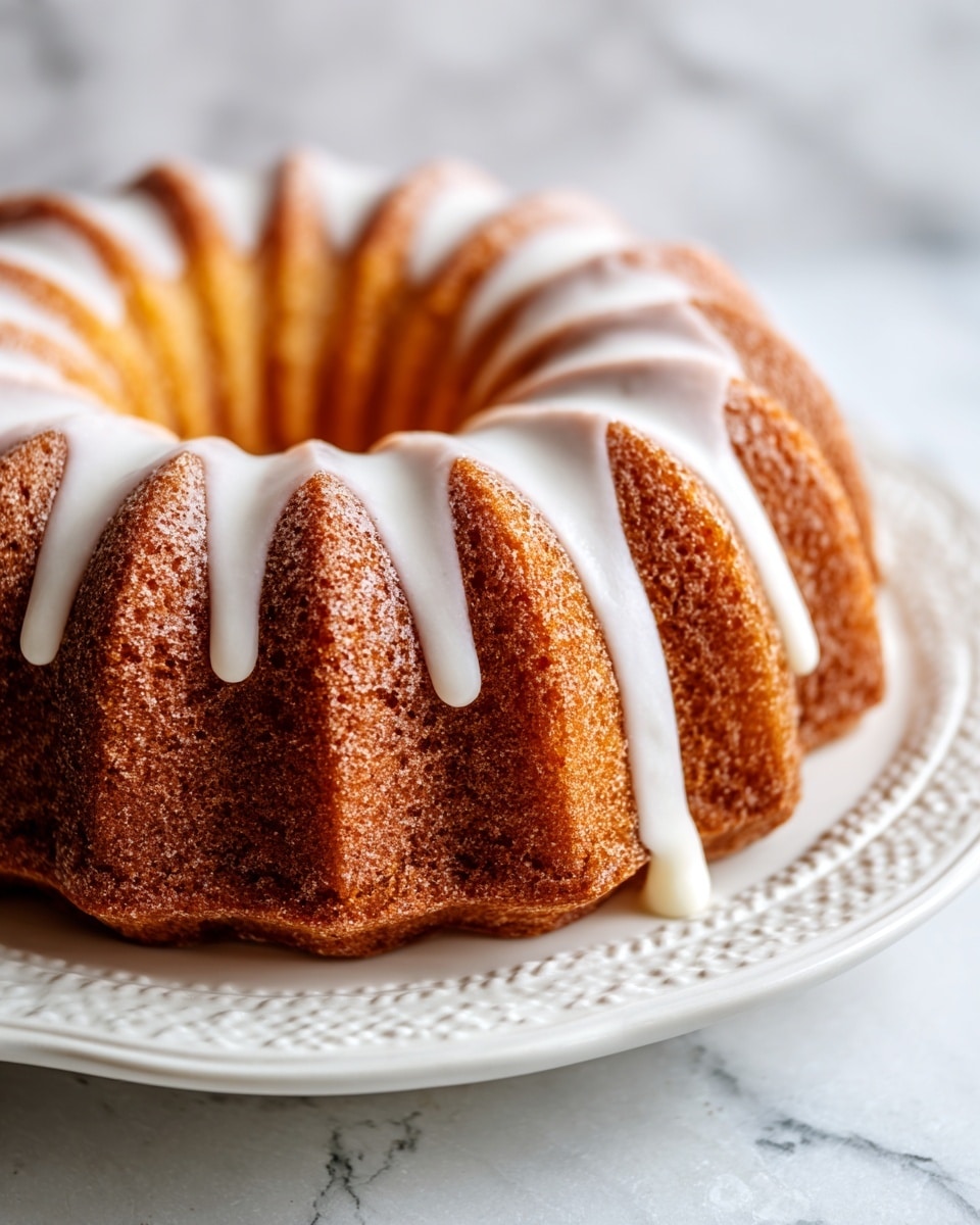 A round bundt cake with ridged layers all around its sides, golden brown in color with a slightly textured surface from baking, sits in the center of a white plate with a raised decorative edge. The cake is topped with a thin white glaze that drips down the sides unevenly, highlighting the cake's ridges and creating a contrast with the warm brown color of the cake. The plate rests on a white marbled surface, adding a subtle background texture to the scene. photo taken with an iphone --ar 4:5 --v 7