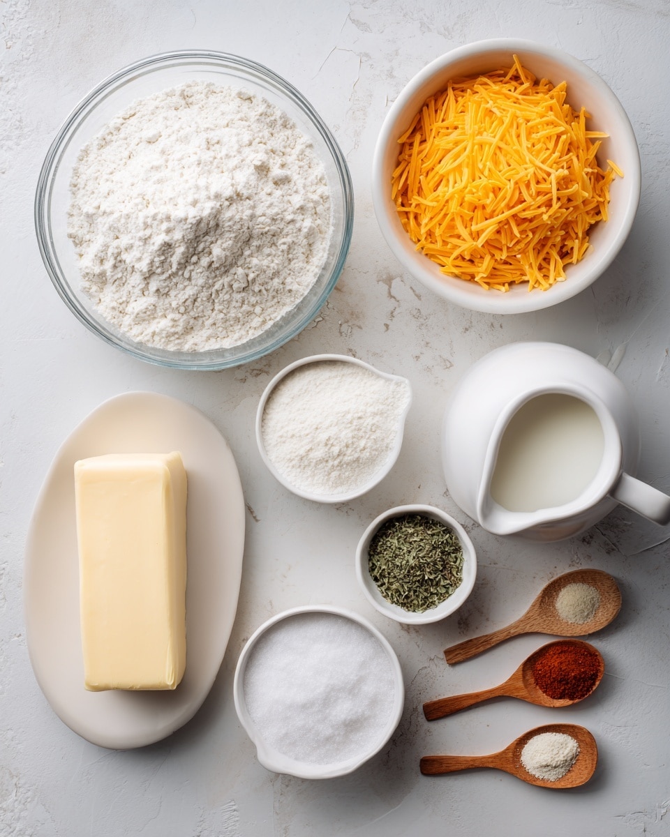 The image shows a white marbled surface with various baking ingredients arranged neatly. At the top left is a clear glass bowl filled with white all purpose flour. To the right is a white bowl holding bright orange shredded sharp cheddar. Below the flour bowl is a small white pitcher with white milk. To the right of the milk is a small white bowl with white baking powder. Next to it, a small white bowl contains dried green parsley flakes. Below the parsley is a pale yellow stick of butter resting directly on the surface. To the left of the butter is a small white bowl filled with white sugar. At the bottom, four wooden spoons are laid out horizontally, each with different spices: white salt, light beige onion powder, light tan garlic powder, and reddish paprika from left to right. The setup is simple and clean with a soft natural light. photo taken with an iphone --ar 4:5 --v 7