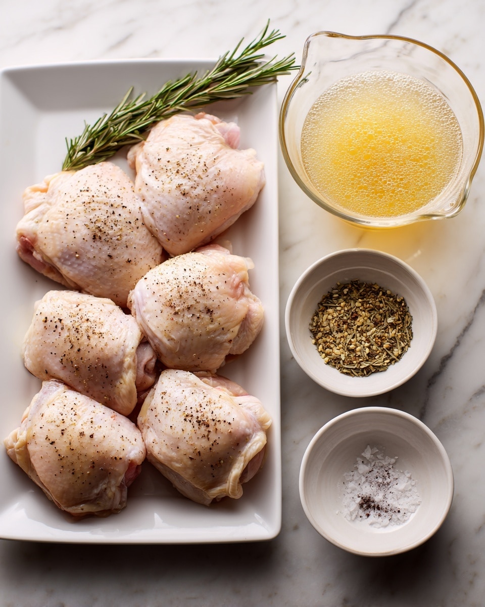 The image shows a white rectangular plate filled with seven raw chicken thighs, each covered in pale skin sprinkled with black pepper. To the right, in separate white round bowls, there is a coarse grainy mustard with a yellow-brown color, light beige broth in a clear glass measuring cup with bubbles on top, and dried rosemary leaves mixed with salt in a white bowl with a slight crackled texture. The whole scene is set on a white marbled surface. Photo taken with an iphone --ar 4:5 --v 7