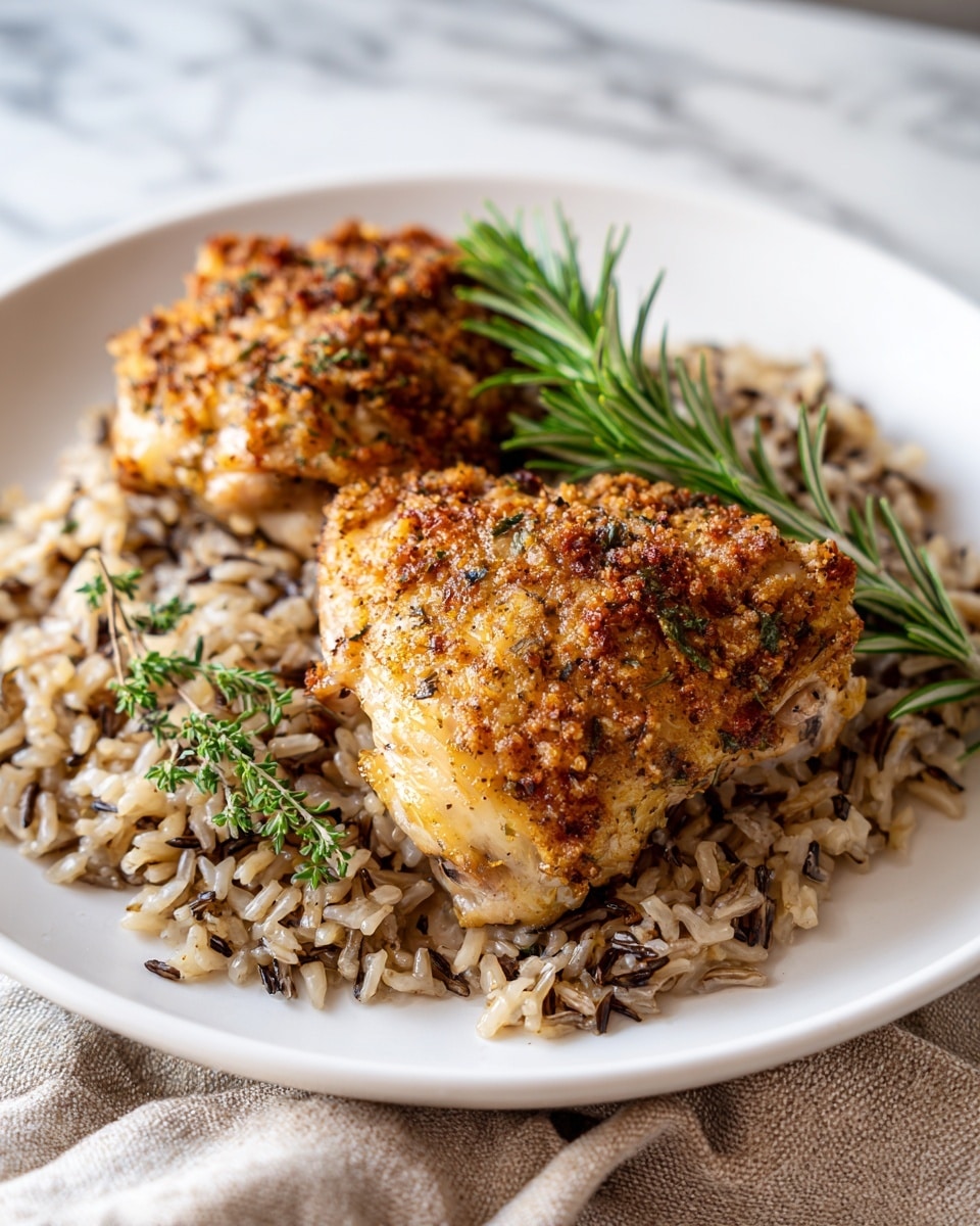 A white plate holds two pieces of golden brown baked chicken thighs covered with a crumbly, textured topping of herbs and spices, resting on a bed of cooked wild rice that mixes light brown and dark grains scattered evenly. A small sprig of fresh green rosemary is placed between the chicken pieces as decoration. The whole dish sits on a white marbled surface with a rustic light brown cloth partially visible at the edge. photo taken with an iphone --ar 4:5 --v 7