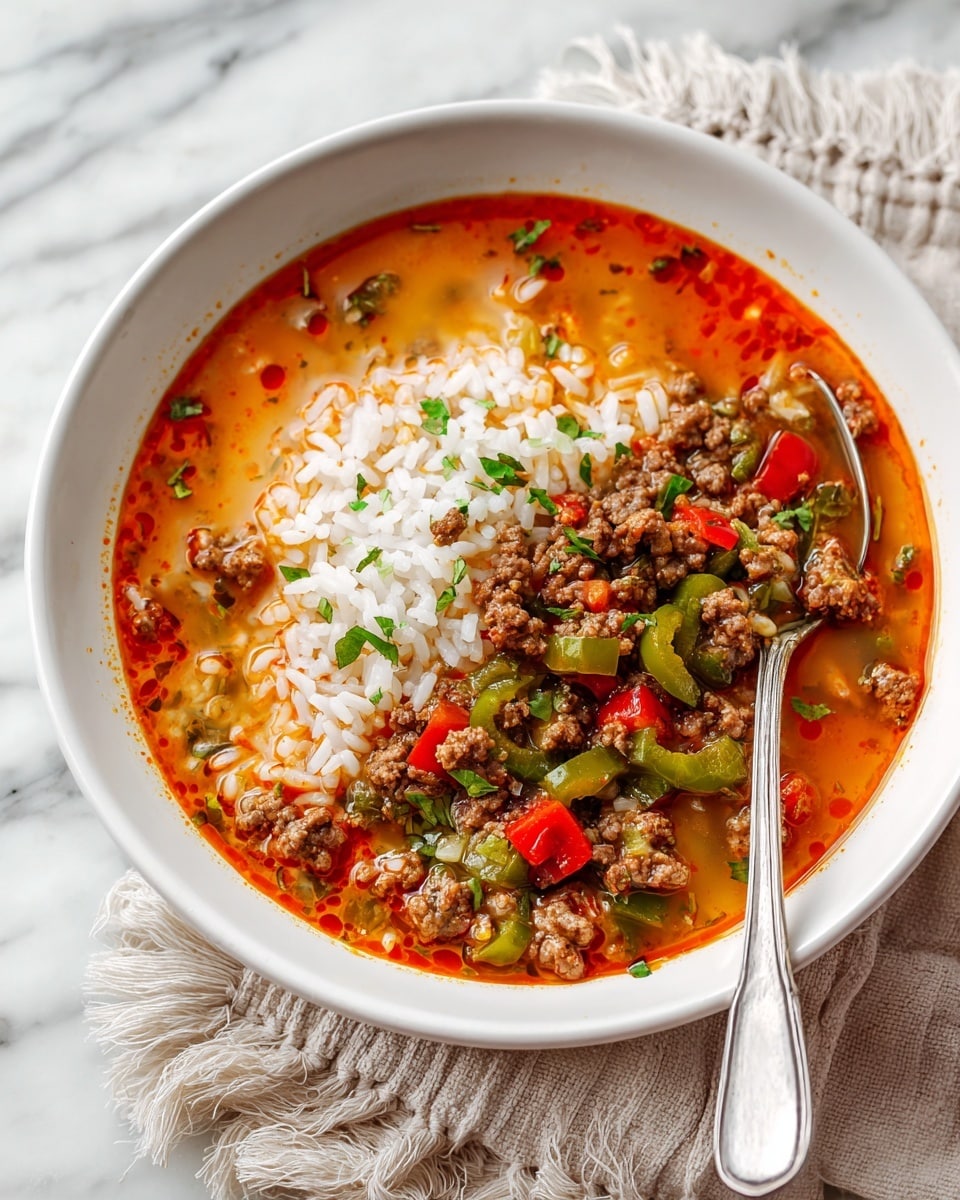 A white bowl filled with a vibrant soup that has three main layers visible: a thin layer of red-orange broth on top with small oil droplets, a mix of cooked white rice scattered throughout, and chunks of cooked ground meat along with pieces of green and red bell peppers spread evenly inside. Some small green herb bits are sprinkled on the surface. A silver spoon is placed inside the bowl, resting on the right edge. The bowl sits on a white marbled surface with a beige and white fringed cloth nearby. Photo taken with an iphone --ar 4:5 --v 7