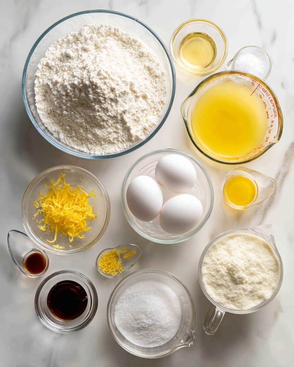 A top view of clear glass bowls and measuring cups arranged on a white marbled surface, containing ingredients for baking. In the center, a large bowl filled with white flour and below it, another large bowl filled with fine white sugar. On the right side, three white eggs are placed next to a measuring cup with a small amount of milk, a larger measuring cup with a pale yellow liquid (oil), and a smaller cup with a light yellow liquid (possibly lemon juice). Around the bowls, small glass dishes hold baking powder, salt, and yellow lemon zest. One more small clear bowl contains a dark liquid, possibly vanilla extract. The scene is bright and clean with natural lighting, photo taken with an iphone --ar 4:5 --v 7