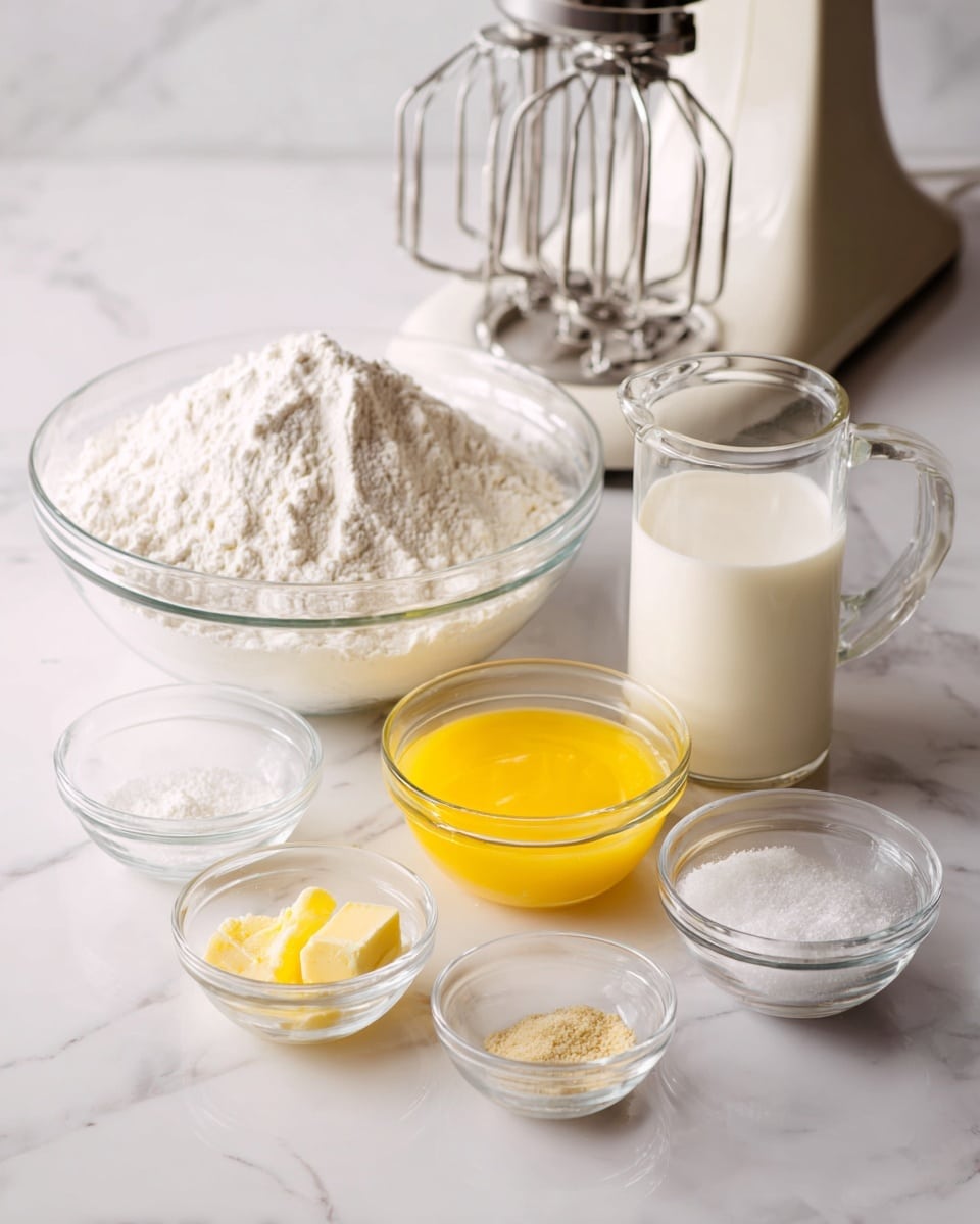 The image shows six clear glass bowls of different sizes arranged on a white marbled surface. The largest bowl on the left is filled with a mound of white flour. Next to it, to the right, is a measuring jug containing off-white milk with a thermometer inside. In front of the measuring jug is a medium bowl holding bright yellow melted butter. Three small glass bowls are placed in front of the larger ones; one holds white granulated sugar, the second holds light brown yeast, and the third contains salt. The background features a white mixer with metal beaters attached. Photo taken with an iphone --ar 4:5 --v 7