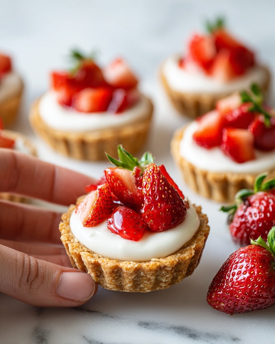 The image shows several small tartlets placed on a white marbled surface. Each tartlet has a golden-brown crust forming a shallow cup. Inside, there is a smooth white cream layer topped with small, bright red pieces of strawberries. On the right side, there are fresh whole strawberries with green leaves adding a natural touch. A woman's hand is holding one tartlet gently, showing the texture of the crust and the juicy strawberry topping. Photo taken with an iphone --ar 4:5 --v 7