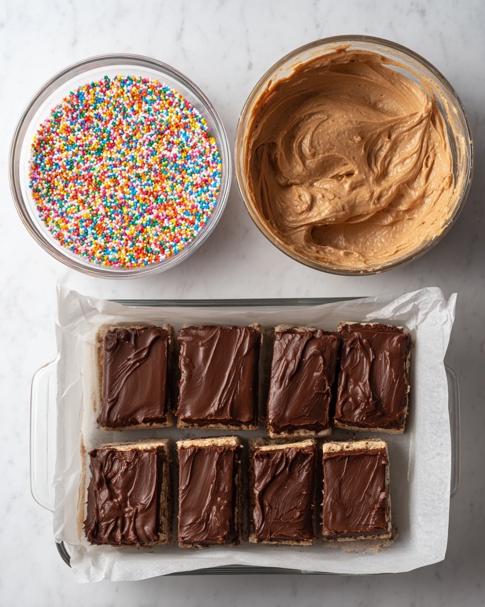 A clear glass bowl holds a thick light brown cream mixed with colorful rainbow sprinkles on top, next to a white glass baking dish lined with parchment and a layer of rectangular chocolate ice cream sandwiches arranged neatly. The next step shows the same ice cream sandwiches covered with a smooth, glossy layer of dark chocolate spread evenly over them. Finally, the dish is topped with an even layer of the light brown cream with sprinkles folded inside, covering the chocolate layer, creating a textured surface with tiny colorful spots visible through the cream, all set against a white marbled background photo taken with an iphone --ar 4:5 --v 7