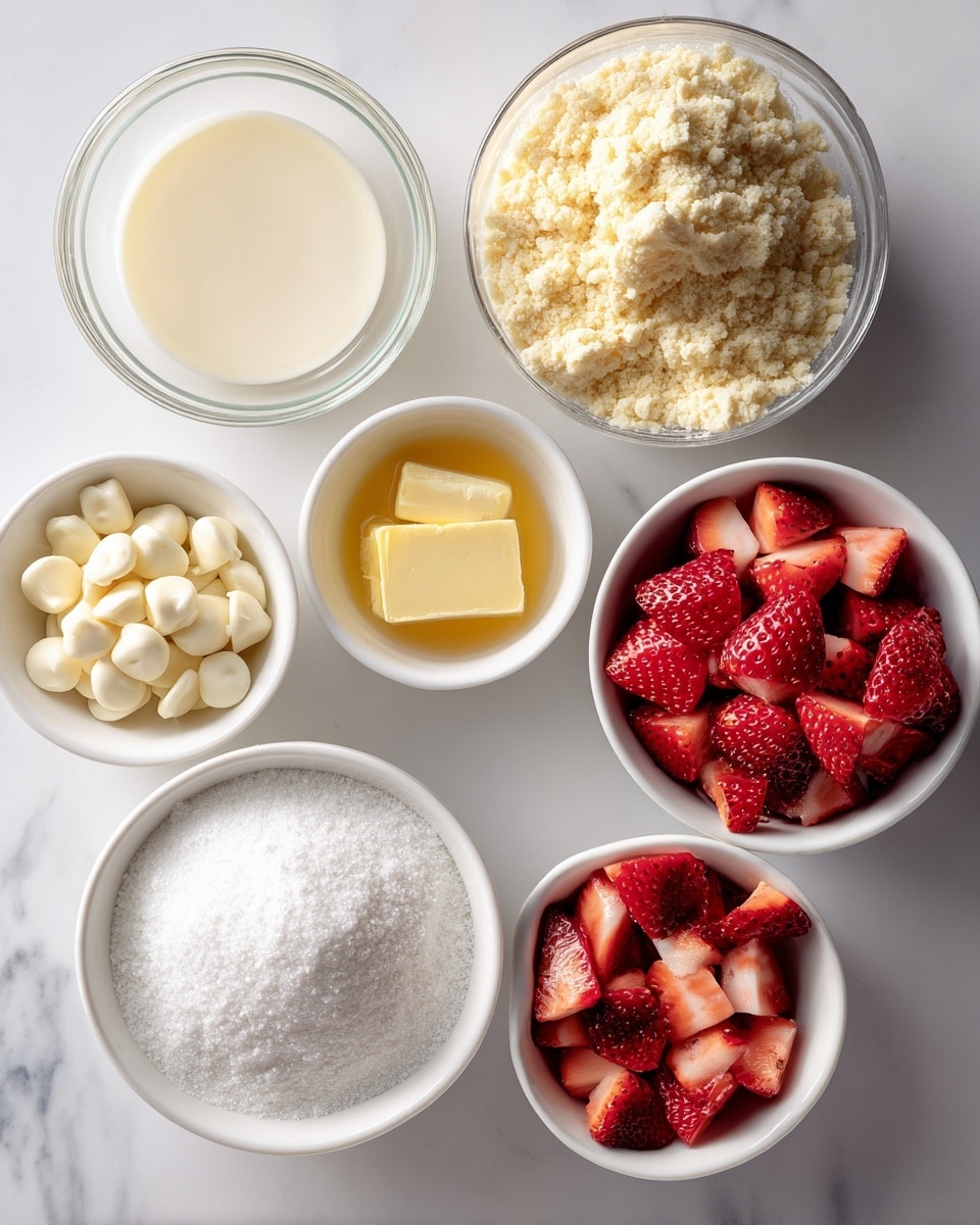 The image shows seven white bowls on a white marbled surface, each holding different baking ingredients. The top right bowl contains a light beige all-purpose baking mix with a soft, crumbly texture. To its left is a glass bowl filled with smooth, creamy half and half, almost white in color. Below the baking mix is a small bowl with melted golden yellow butter that has a slightly oily shine. Adjacent is a bowl filled with fine, white powdered sugar that looks fluffy. Beneath the butter is a bowl of coarse white sugar with a granulated texture. On the left side, a bowl holds many small, round, white chocolate chips with a smooth surface. The bottom left bowl contains chopped strawberries in red and light pink shades with a juicy texture. photo taken with an iphone --ar 4:5 --v 7
