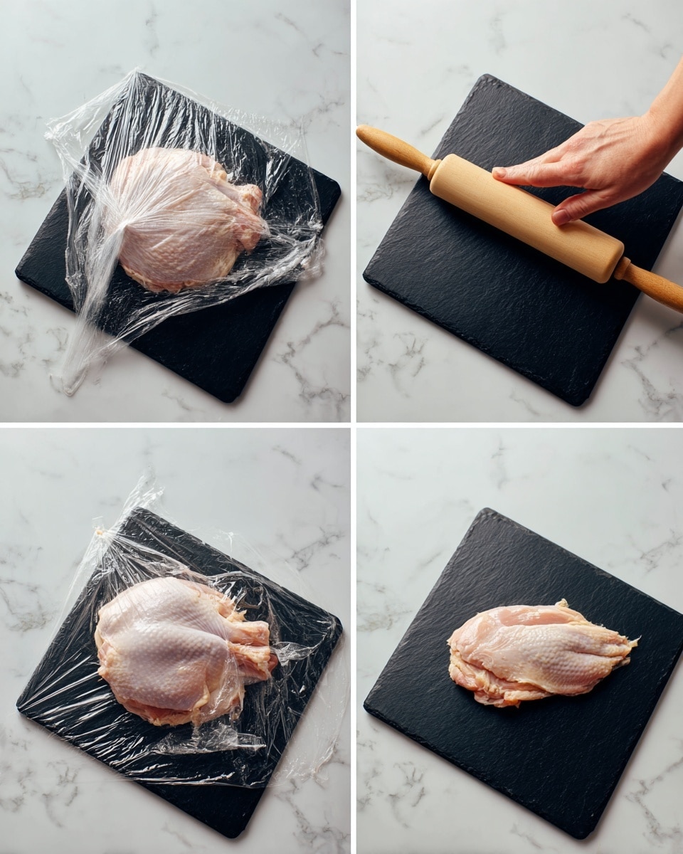 The image shows four steps of flattening a piece of raw light pink chicken on a black slate board placed on a white marbled surface. Step one has the chicken alone in the center of the slate board. Step two shows the chicken covered with a clear plastic wrap with creases and folds visible over the chicken. Step three features a woman’s hand using a light wooden rolling pin to press down on the chicken through the plastic wrap. Step four displays the now flattened chicken with a wider shape and smoother texture sitting alone on the black slate board. Photo taken with an iphone --ar 4:5 --v 7