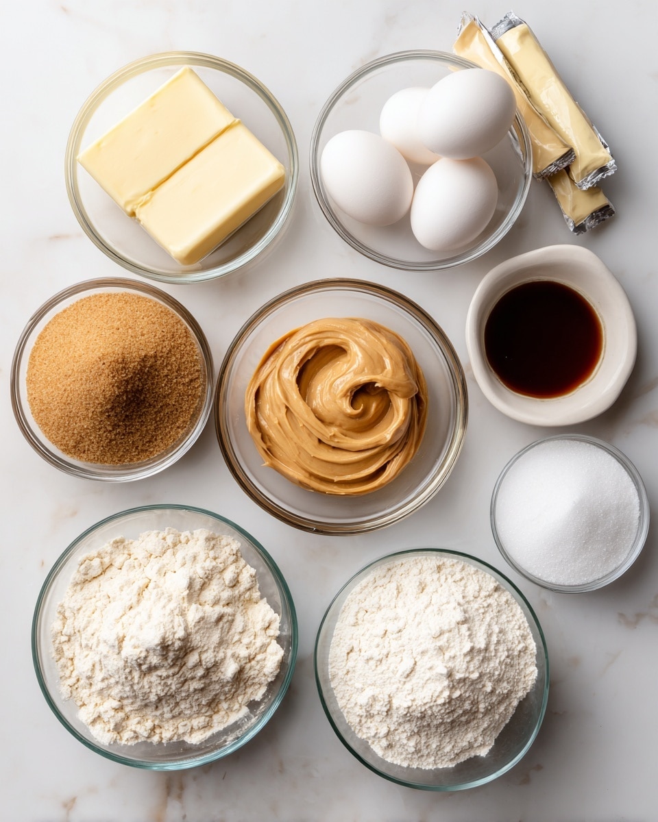 The image shows several clear glass bowls and one white bowl arranged on a white marbled surface. There are seven main ingredients displayed. Starting from the top right, a small white bowl holds dark amber vanilla extract. Next to it, a smaller clear glass bowl is filled with white baking soda powder. Two whole white eggs rest side by side below the vanilla extract. Two sticks of salted butter wrapped in paper are placed near the top center. Below the eggs, a medium clear glass bowl is filled with creamy, light brown peanut butter with a smooth texture. To the left, a larger clear glass bowl contains light brown sugar with a coarse texture. At the bottom left, another medium clear glass bowl holds white all-purpose flour with a powdery look. Lastly, on the bottom right, a white bowl holds white granulated sugar with a fine texture. Each ingredient is labeled clearly and the photo has soft, natural light. Photo taken with an iphone --ar 4:5 --v 7