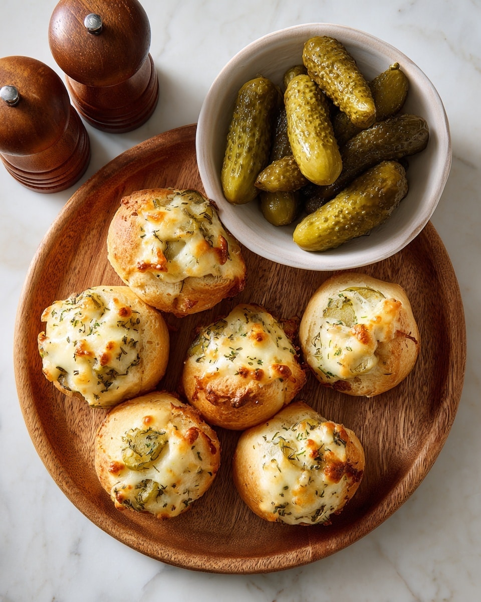 A round wooden plate holds seven small baked rolls, each wrapped in a golden-brown dough sprinkled with green dried herbs. Inside each roll is a medium green pickle and melted cheese peeking out from the sides. To the upper right, there is a white bowl filled with more medium green pickles with textured skins. The whole scene is set on a white marbled texture surface with two brown wooden salt and pepper shakers partly visible at the top left. photo taken with an iphone --ar 4:5 --v 7