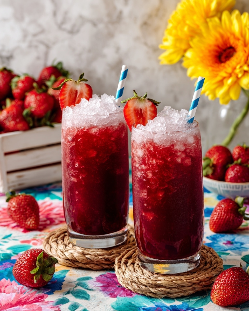 Two tall clear glasses filled with a deep red iced drink, layered with crushed ice that creates a light pinkish top layer. Each glass is garnished with a fresh, halved strawberry on the rim, pierced by a blue and white striped paper straw. The glasses sit on round woven coasters placed on a bright floral fabric with blue, pink, red, and yellow colors. Around the glasses, there are several whole strawberries scattered. In the background, there is a white box filled with red strawberries and a large yellow flower against a white marbled texture photo taken with an iphone --ar 4:5 --v 7