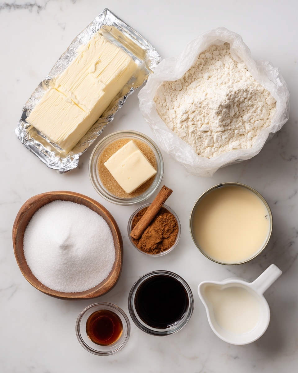 The image shows various baking ingredients neatly arranged on a white marbled surface. There is an open foil pack of cream cheese with a smooth, creamy white block inside. A clear glass bowl contains a pale yellow square of butter. Next to it, a small glass bowl holds light brown sugar with a grainy texture. A wooden bowl is filled with fine, white powdered sugar. A clear small jar holds ground cinnamon, which is a rich brown powder, with a measuring spoon inside. A large bag of vanilla cake mix rests at the top right, showing fine, white powder through its packaging. A tin of smooth, pale yellow sweetened condensed milk is open. A small white cup holds dark brown vanilla extract, while a tiny white container holds clear vanilla extract. Finally, a white measuring cup contains half and half, a light cream-colored liquid. The arrangement is clean and bright, perfect for baking preparation, photo taken with an iphone --ar 4:5 --v 7