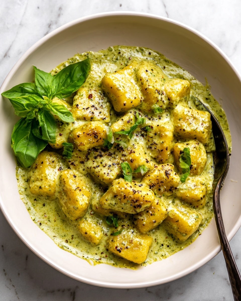 The dish shows soft gnocchi covered in a thick green pesto cream sauce with a slightly chunky texture and visible black pepper specks. The gnocchi pieces are a warm golden-yellow color, glistening with sauce, and are spread evenly inside a white bowl with some of the sauce smeared along the sides. A small bunch of fresh dark green basil leaves rests on the side, and a dark spoon is partially buried in the gnocchi. The background is a white marbled surface. photo taken with an iphone --ar 4:5 --v 7