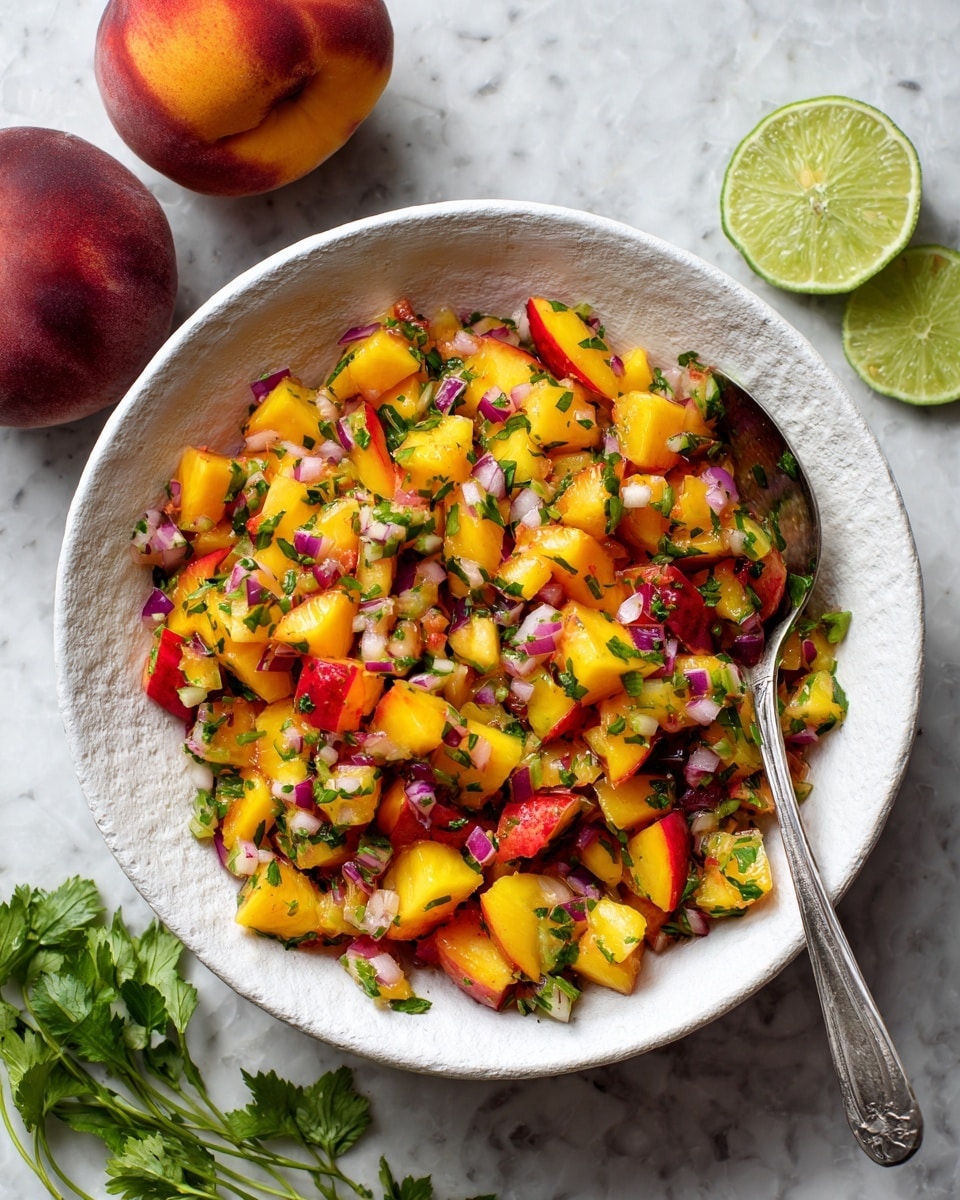 A rough white bowl filled with a colorful salsa made of small diced yellow peaches with red skin edges, finely chopped green herbs, small pieces of red onion, and tiny green diced peppers, all mixed together with a light dressing that adds a slight shine. A silver spoon rests inside the bowl on the left side. Around the bowl on a white marbled surface, there are two whole peaches, a slice of lime, and some fresh green herb leaves scattered near the edges. The image is bright and clear, showing texture details in the fruit and herbs. photo taken with an iphone --ar 4:5 --v 7