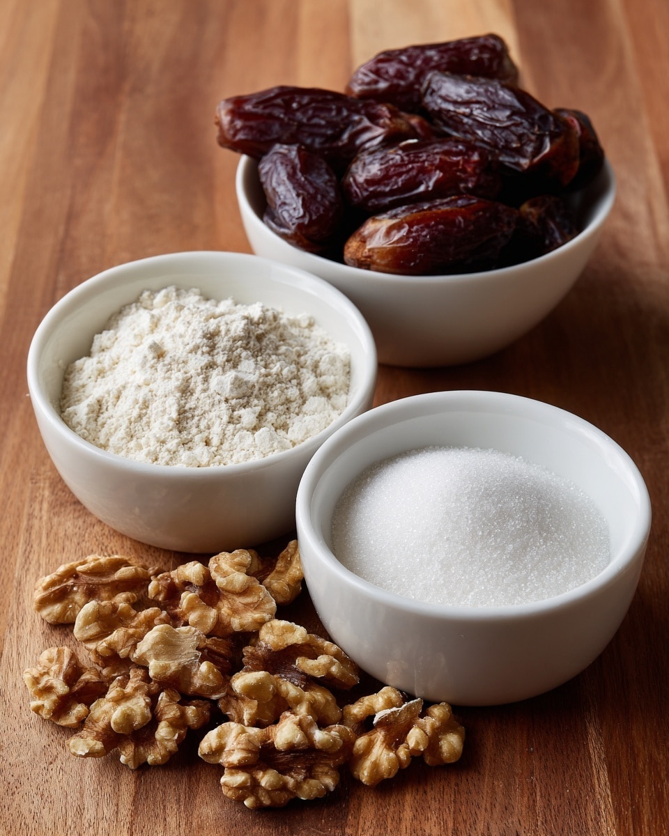 Two white bowls sit on a wooden surface with a pile of dates and walnuts between them. The bowl on the left holds a white powdery flour, while the bowl on the right is filled with white granulated sugar. The dates are dark brown with a glossy, wrinkled texture, and the walnuts are light brown with rough, chunky pieces. The wooden surface is smooth and warm-toned, contrasting with the white bowls. photo taken with an iphone --ar 4:5 --v 7