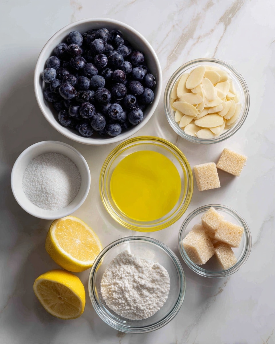 The image shows small white bowls and clear glass bowls arranged on a white marbled surface. One white bowl is filled with fresh, dark blue blueberries. Another white bowl has pale almond slices. A clear glass bowl contains yellow liquid, likely melted butter or juice, and another clear glass bowl holds white sugar. There is also a white bowl with white flour and a clear glass bowl with salt. Two lemon halves with bright yellow flesh sit on the marble surface, and a clear glass bowl holds three beige sugar cubes. All items are arranged neatly in a circle, photographed from above. photo taken with an iphone --ar 4:5 --v 7