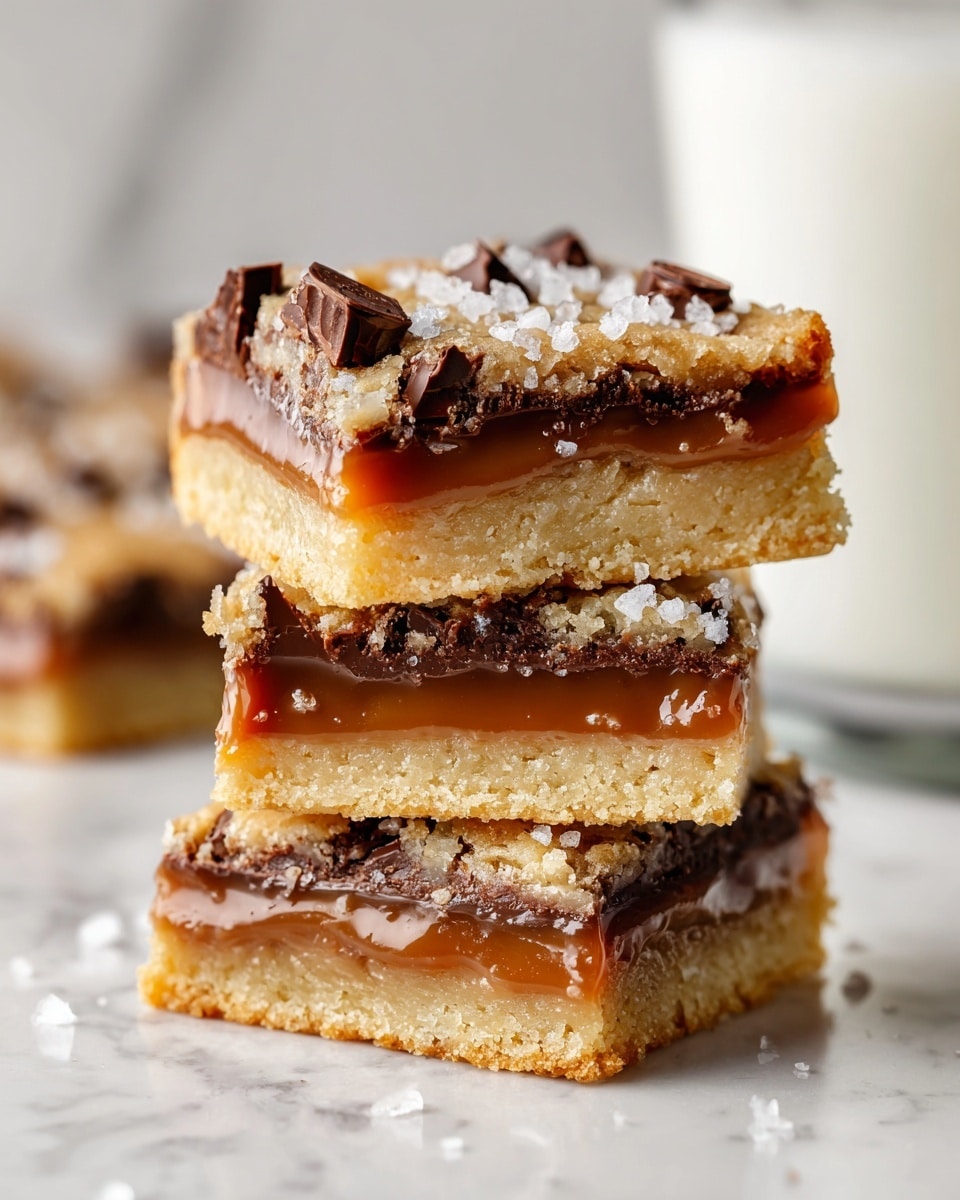 The image shows a close-up of three stacked dessert bars with three visible layers: the bottom layer is a golden brown, slightly crumbly cookie dough; the middle layer is a thick, rich, caramel filling that looks smooth and sticky; the top layer is a soft, golden baked cookie dough with small chunks of dark chocolate and a sprinkling of coarse salt crystals on the surface. The background is a white marbled texture with a blurred white glass of milk in the back right. photo taken with an iphone --ar 4:5 --v 7