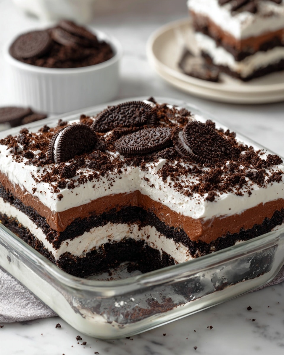 The image shows a square glass baking dish with a layered Oreo dessert inside. The dessert has four layers: a dark, crumbly Oreo cookie base at the bottom, a thick white creamy layer above it, a smooth chocolate layer next, and a top layer of white cream sprinkled heavily with broken Oreo cookie pieces. One corner piece of the dessert is missing, revealing the clean, distinct layers in the middle. In the background, there is a white ramekin with more Oreo crumbs and a white plate with a slice of the dessert on a white marbled surface. Photo taken with an iphone --ar 4:5 --v 7
