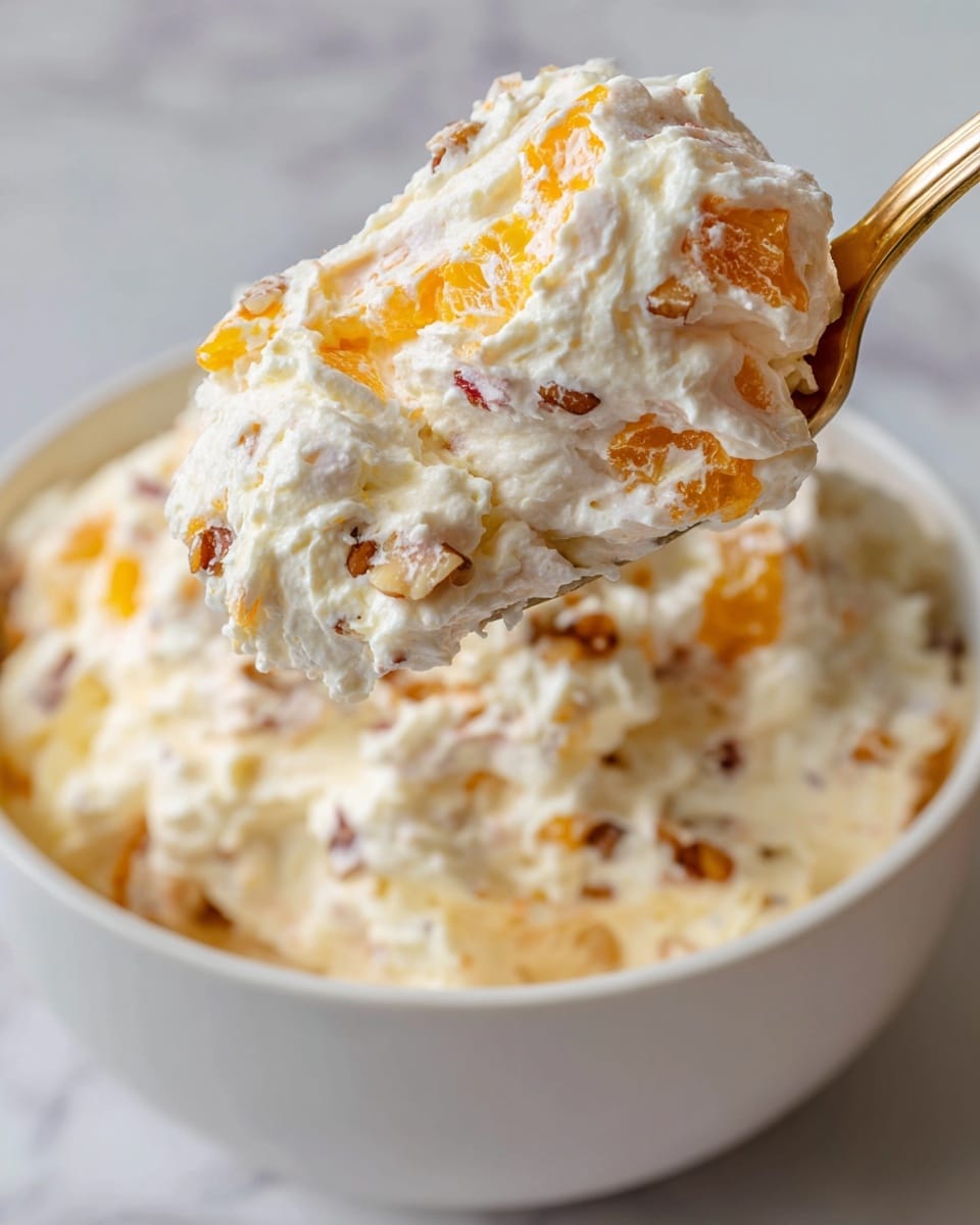 A close-up view of a spoon holding a fluffy mixture with multiple layers of white soft cream, visible chunks of bright orange fruit, small bits of red pieces, and tiny brown nut fragments mixed inside. The spoon is in front of a large white bowl filled with the same creamy, textured mixture, resting on a white marbled surface. The creamy mixture looks light and airy, with the colorful fruit and nut pieces scattered throughout the soft cream. Photo taken with an iphone --ar 4:5 --v 7