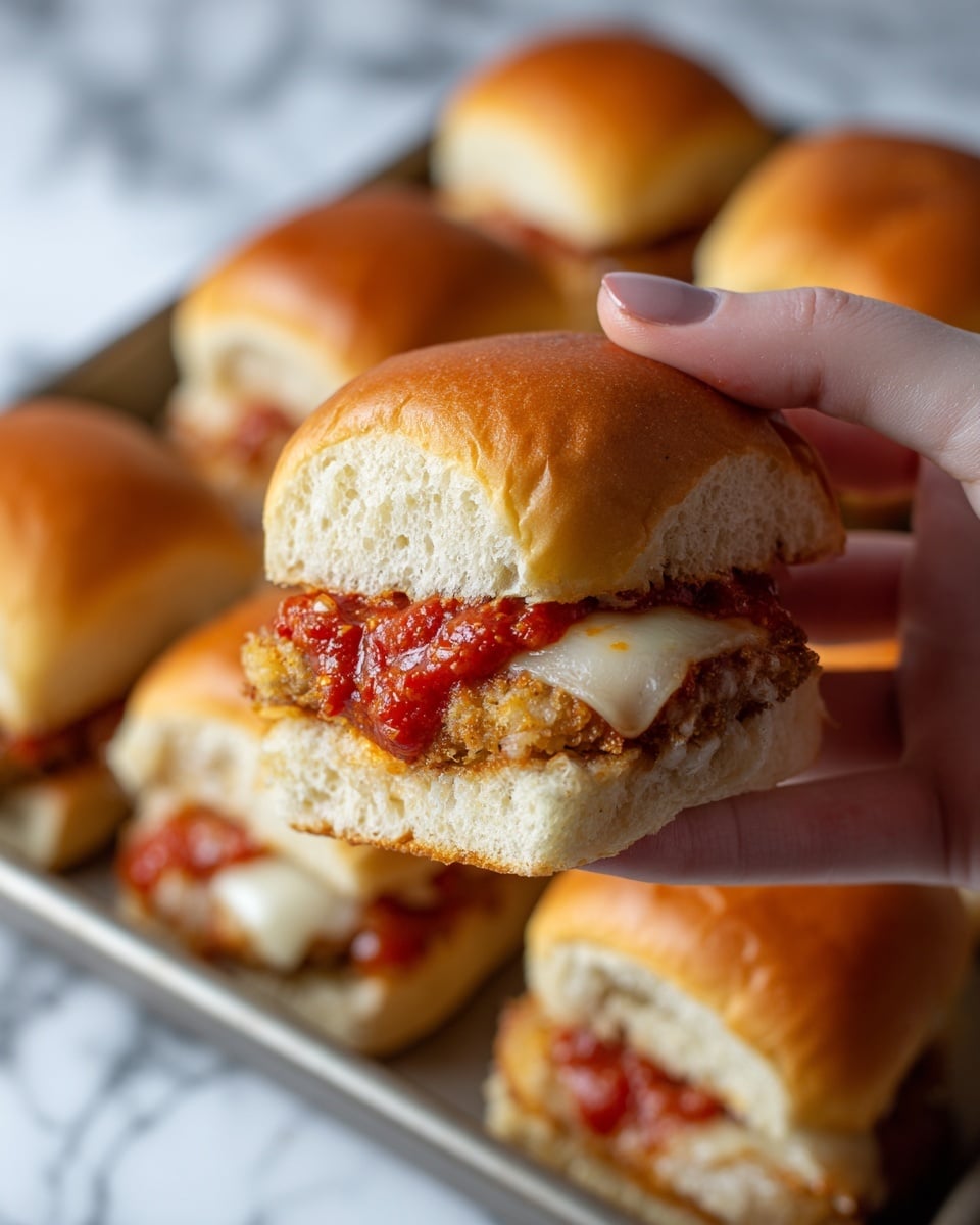 A close-up image shows a woman's hand holding a small sandwich with three visible layers: a soft golden brown bun on top, a crispy light brown breaded chicken layer in the middle, and a thick layer of bright red tomato sauce with melted white cheese underneath, all resting on a soft white bottom bun; in the background, several similar sandwiches with shiny golden brown buns are arranged closely in a tray on a white marbled surface. photo taken with an iphone --ar 4:5 --v 7