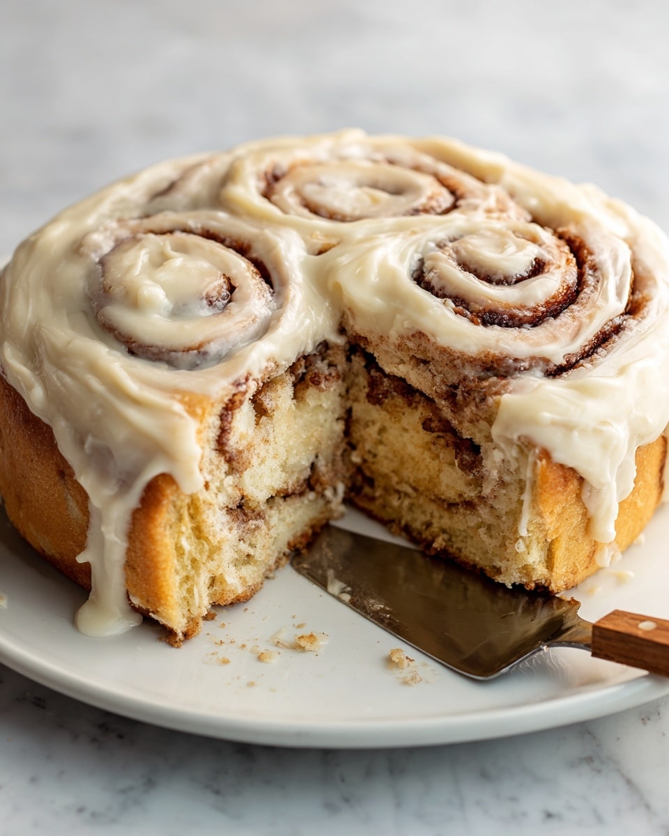 A round cinnamon roll cake is shown on a white plate with a white marbled background. The cake has one middle slice separated, placed on a wooden-tipped metal spatula. The cinnamon roll has two layers of swirled brown dough with cinnamon and sugar visible beneath a thick, creamy light beige icing that covers the top and drips slightly on the sides. The texture is soft and moist with swirls clearly defined under the smooth icing. Photo taken with an iphone --ar 4:5 --v 7