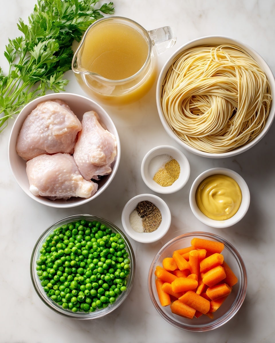 A top-down view showing several white bowls and glass containers arranged neatly on a white marbled surface, including a white bowl with two raw chicken pieces, a white bowl filled with uncooked pale yellow noodles, a bunch of fresh green parsley at the top left, a glass pitcher filled with light golden broth, a small white dish with three different spices in yellow, beige, and black, a glass bowl with smooth and thick yellow mustard, a white ramekin filled with sliced orange carrots, and a round glass bowl with many bright green peas, with a stick of butter partly visible at the bottom left corner photo taken with an iphone --ar 4:5 --v 7